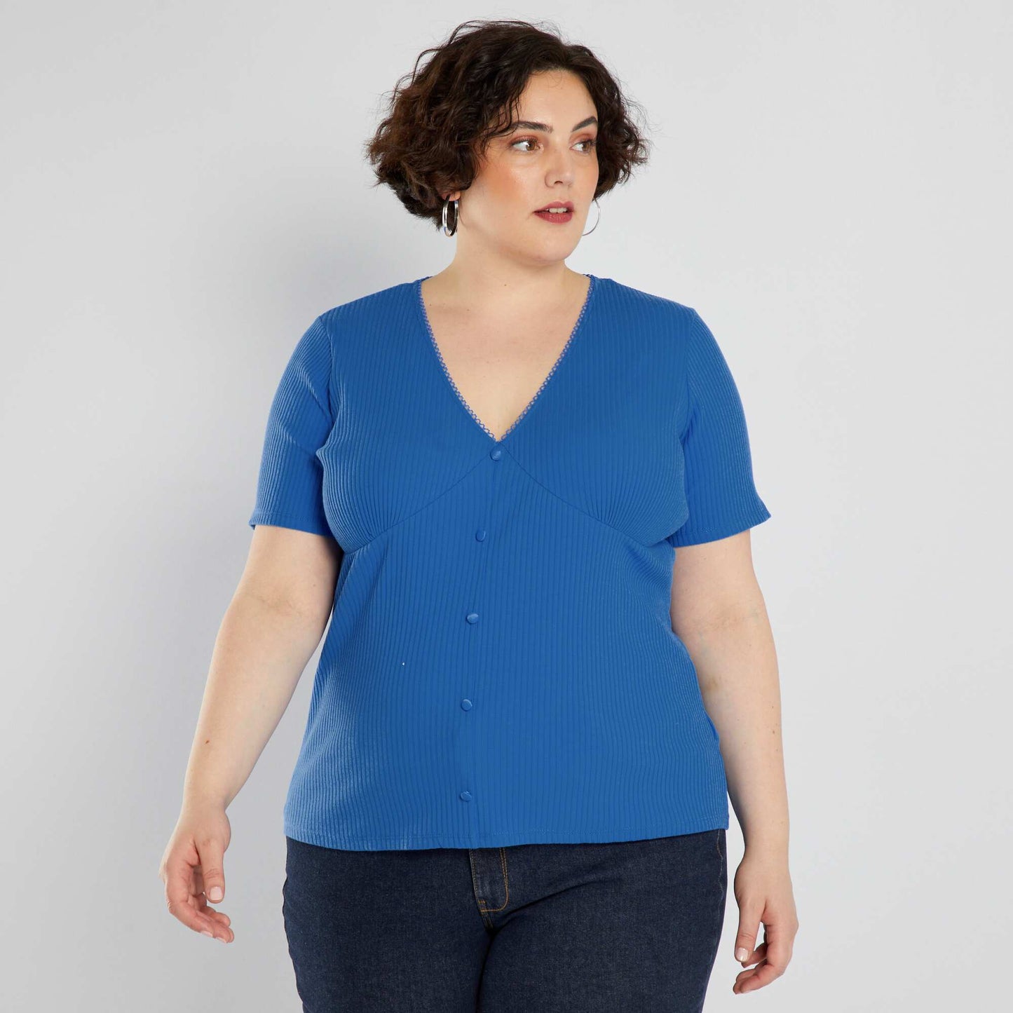 T-shirt côtelé avec dentelle Bleu