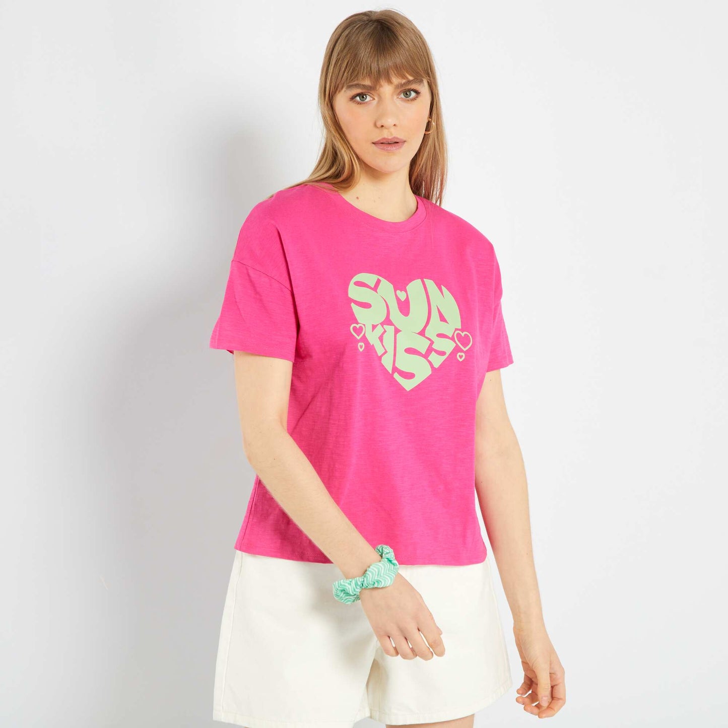 Tee-shirt message 'sun kiss' Rose fuchsia