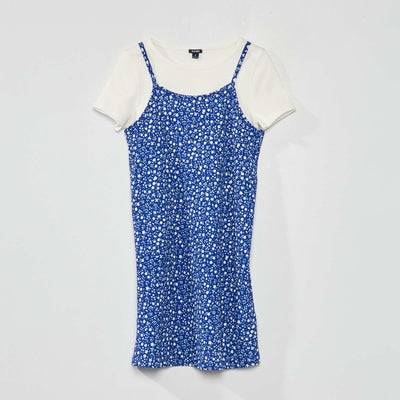 T-shirt côtelé + Robe fleuri - 2 pièces Bleu