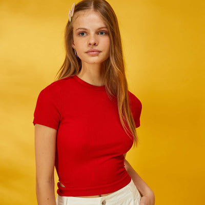 Crop-top côtelé uni Rouge
