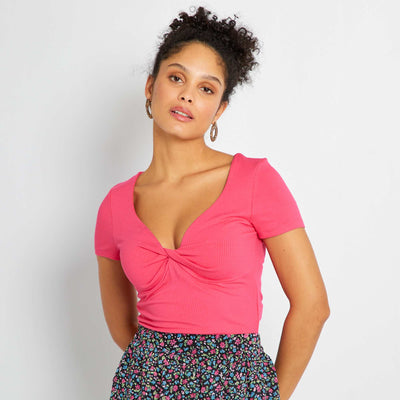 T-shirt fantaisie en maille côtelée Rose
