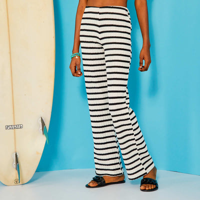 Pantalon large rayé en maille Beige/noir