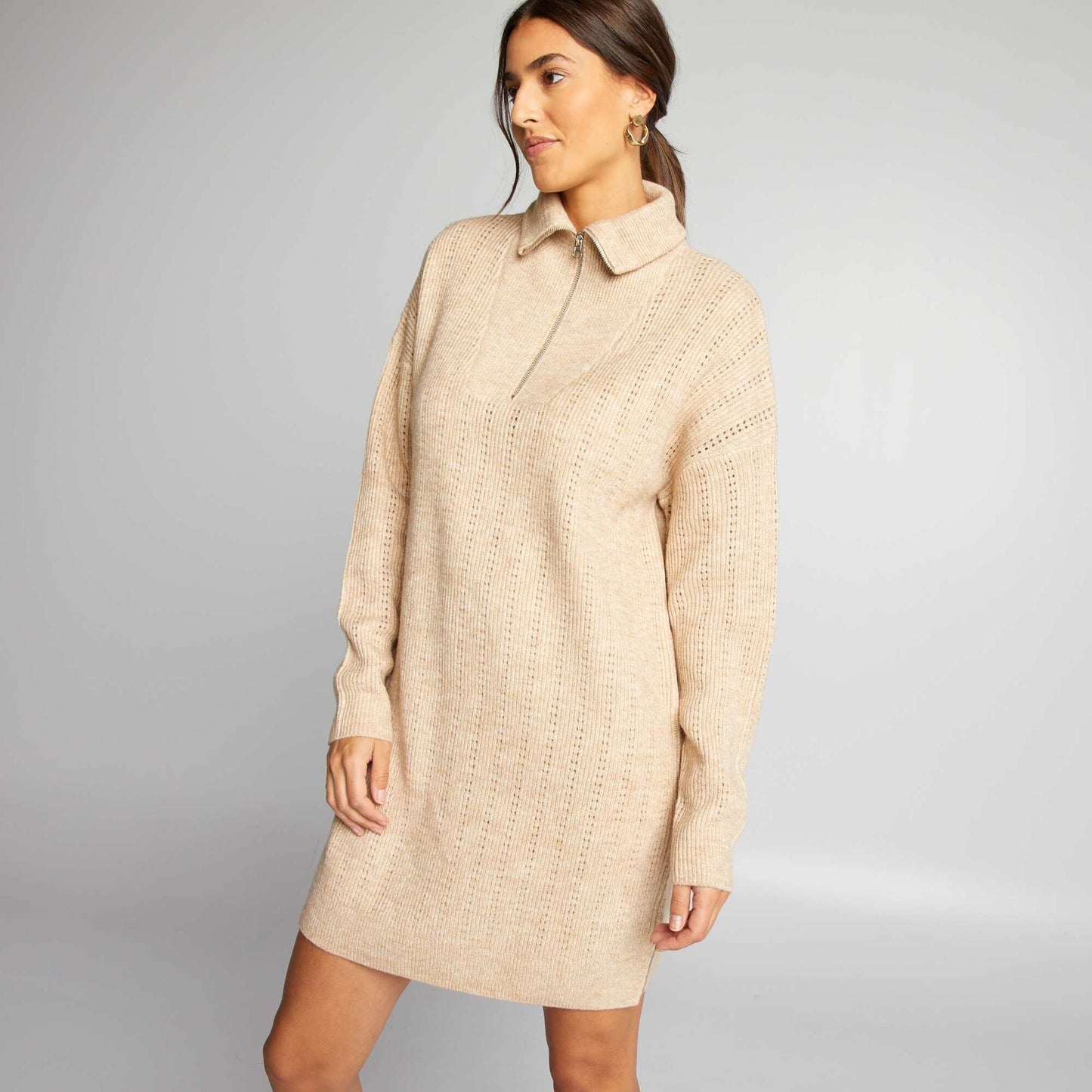 Robe pull en maille pointelle avec col camionneur Beige