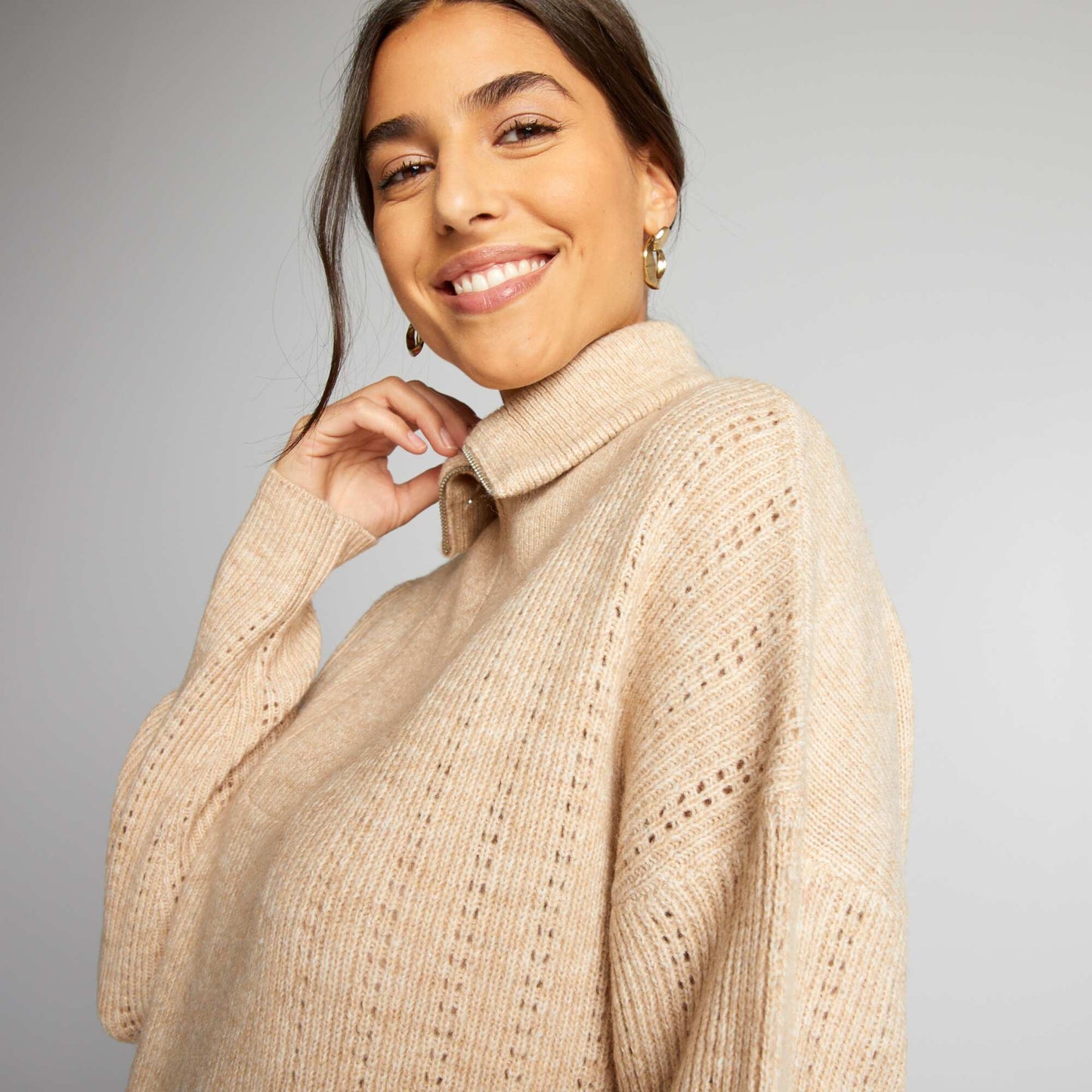 Robe pull en maille pointelle avec col camionneur Beige