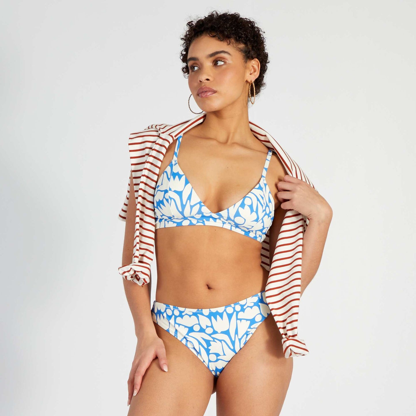 Haut de maillot de bain triangle imprimé organique Blanc/bleu