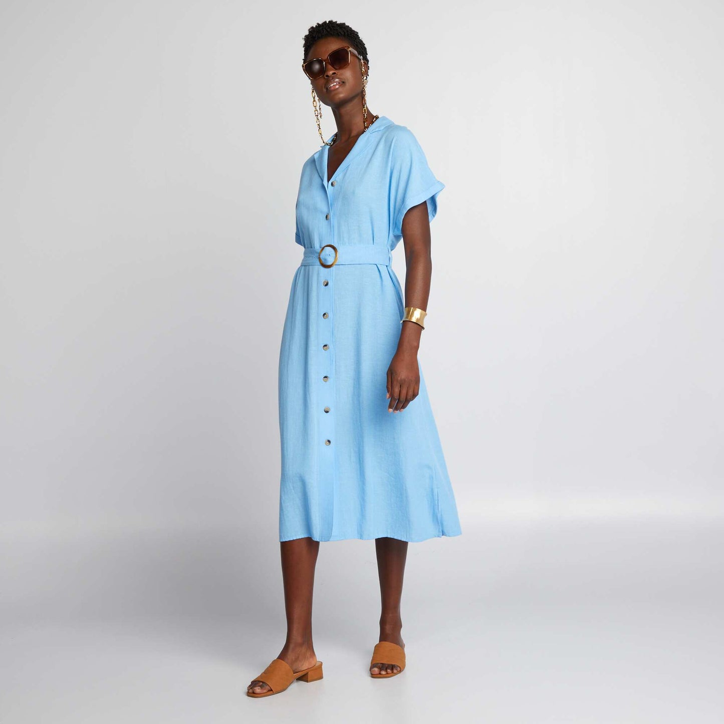 Robe midi avec lin mélangé et ceinture Bleu