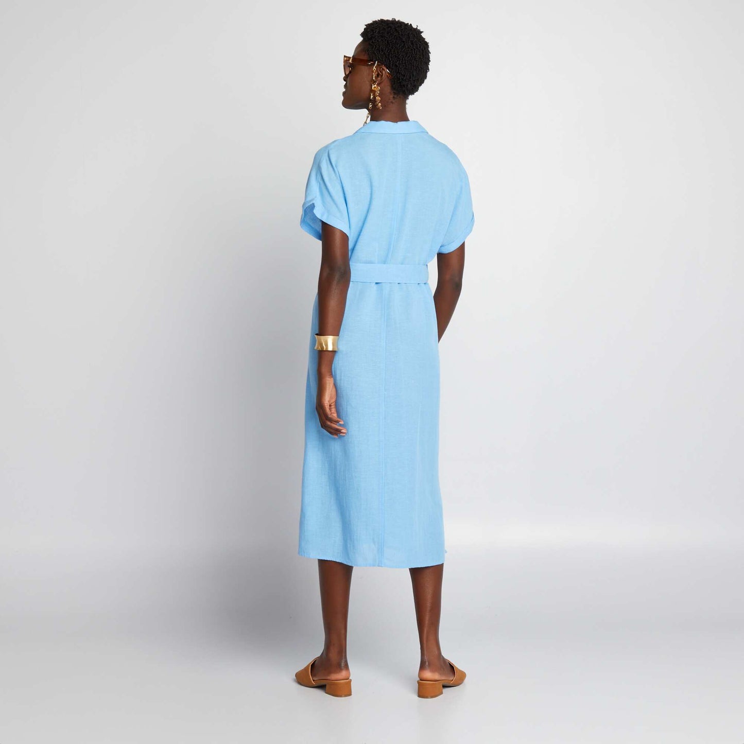 Robe midi avec lin mélangé et ceinture Bleu