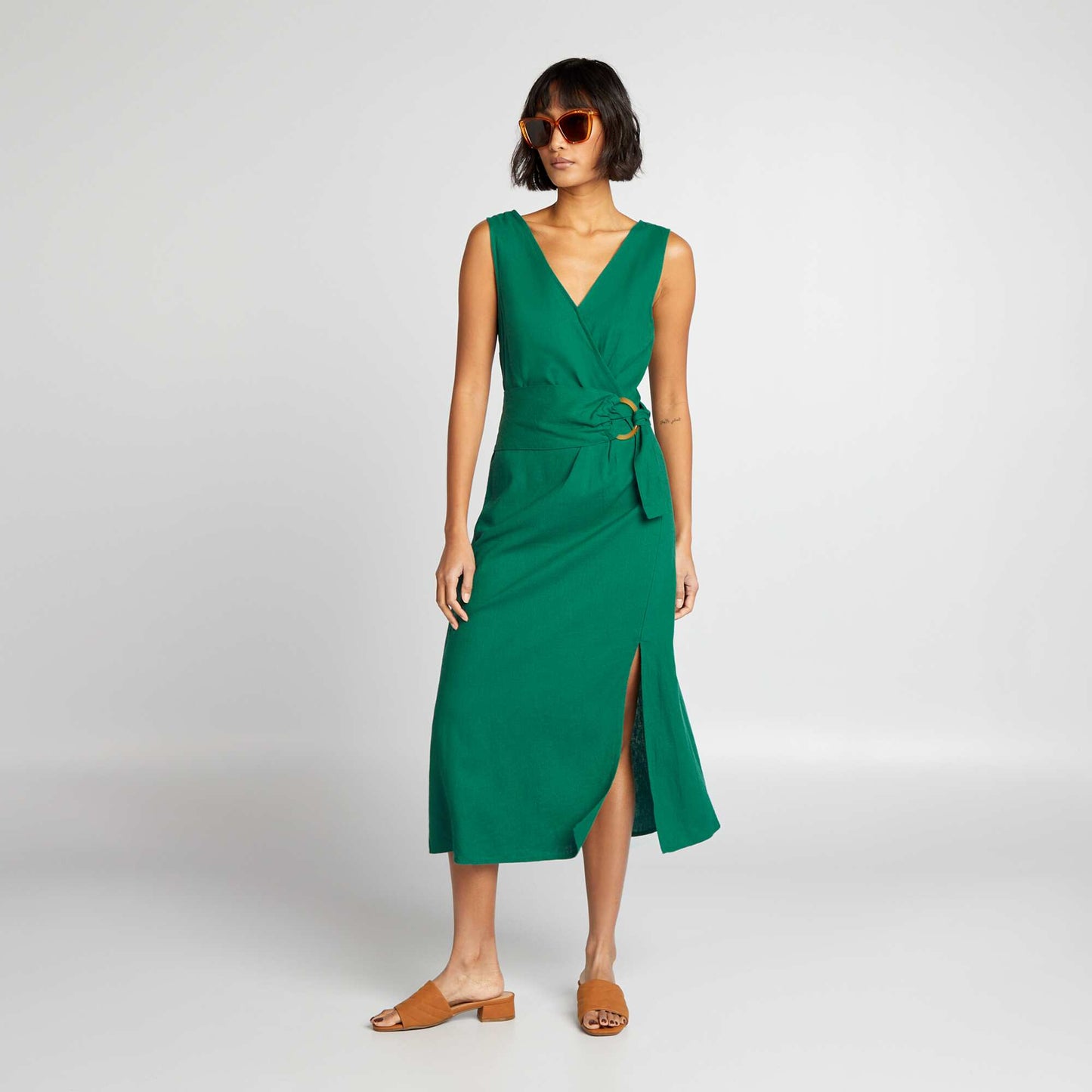 Robe cache-cœur en lin mélangé avec ceinture Vert