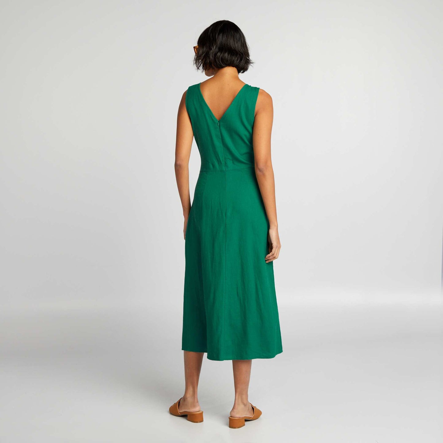 Robe cache-cœur en lin mélangé avec ceinture Vert