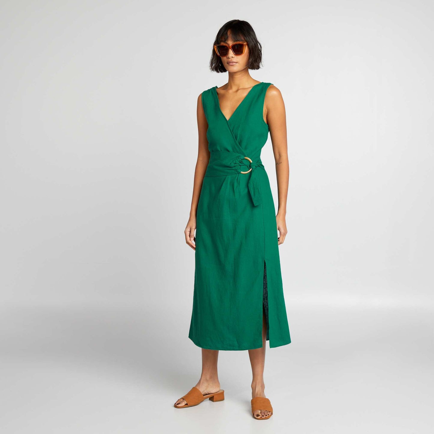 Robe cache-cœur en lin mélangé avec ceinture Vert