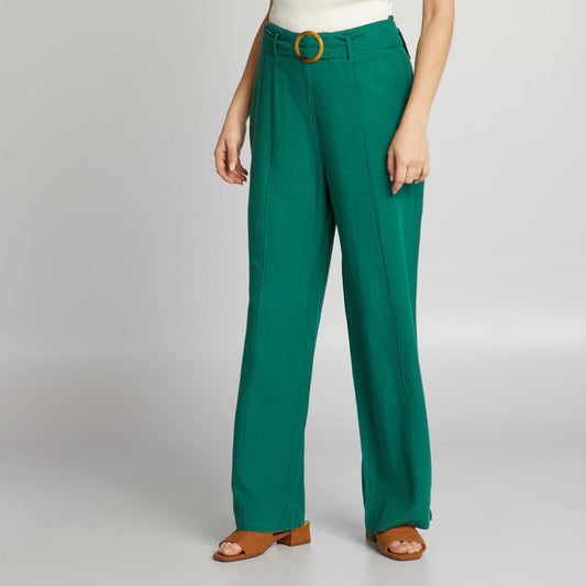 Pantalon large taille haute en lin Vert