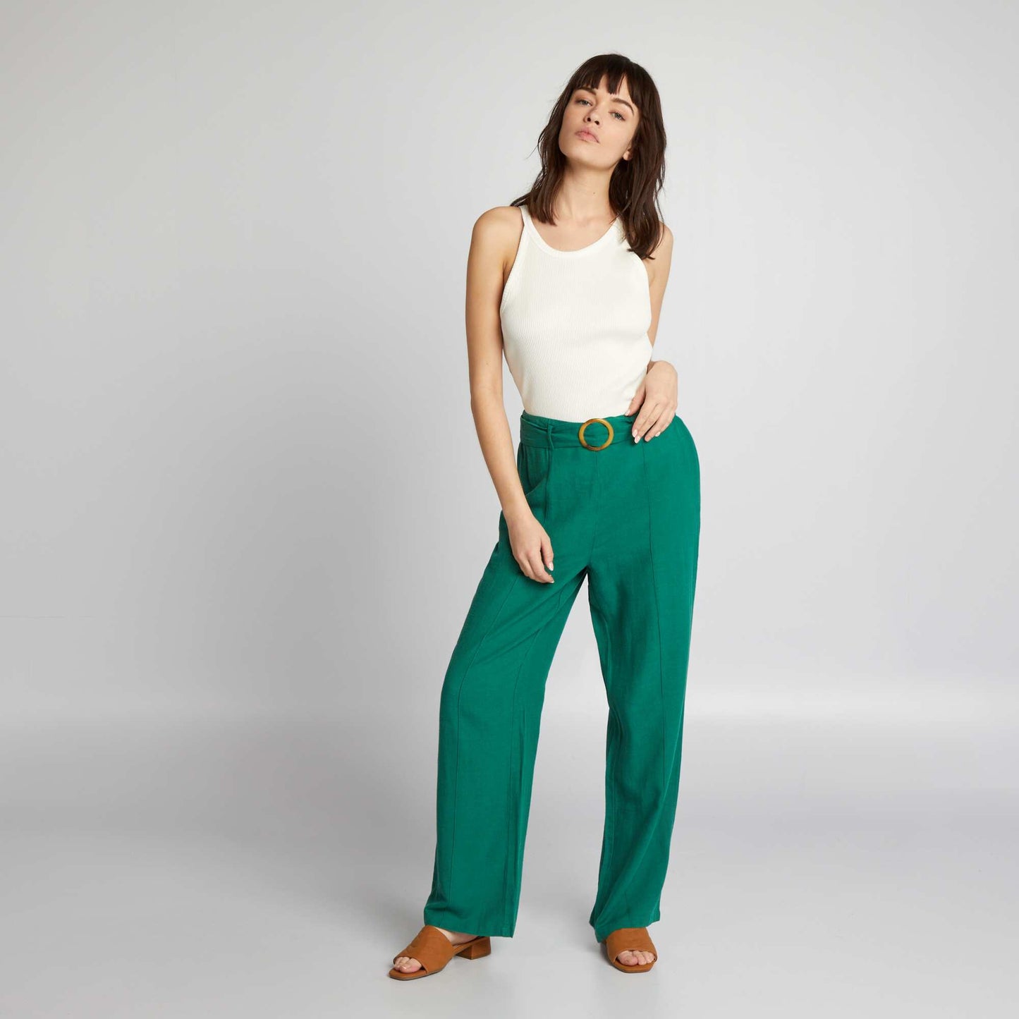 Pantalon large taille haute en lin Vert