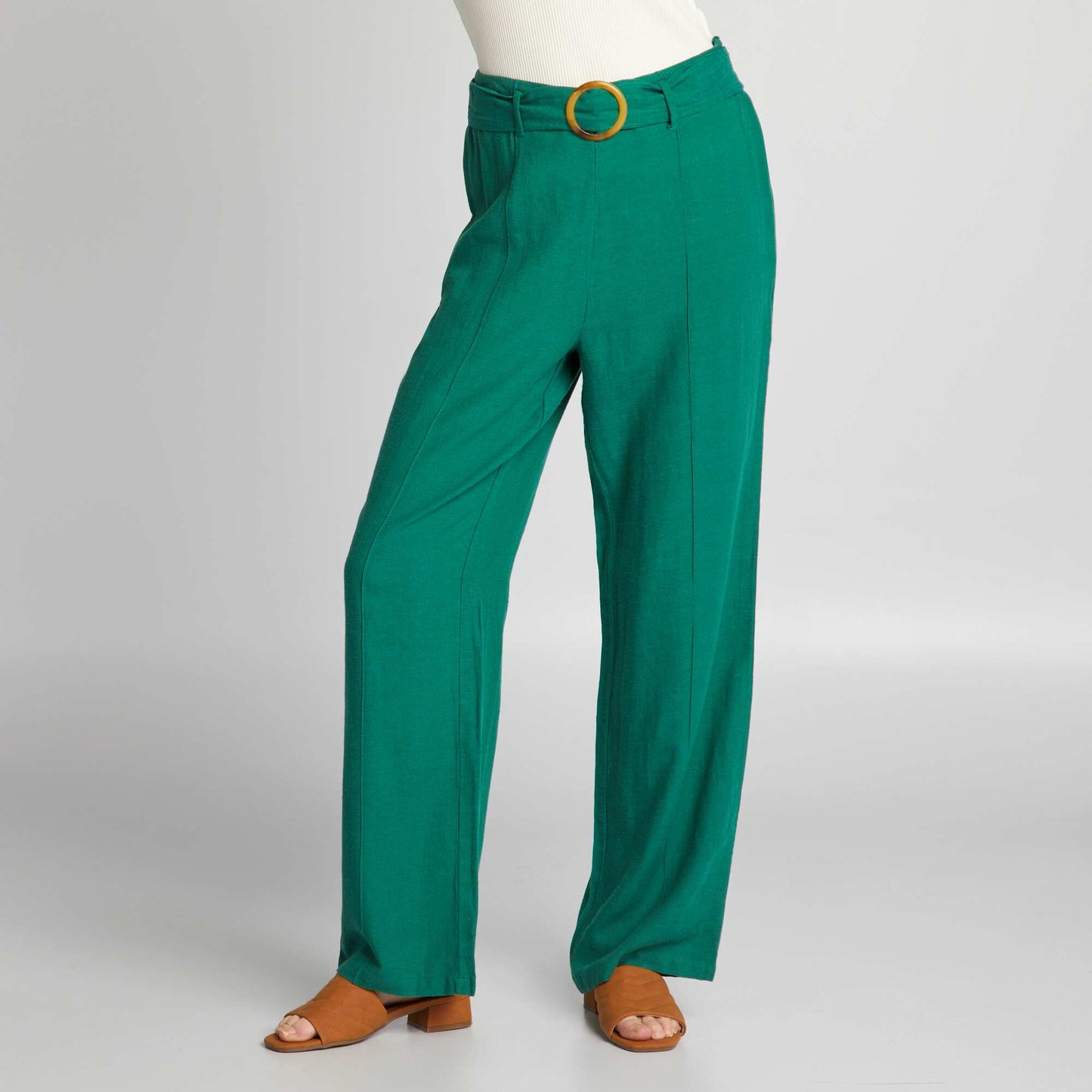 Pantalon large taille haute en lin Vert