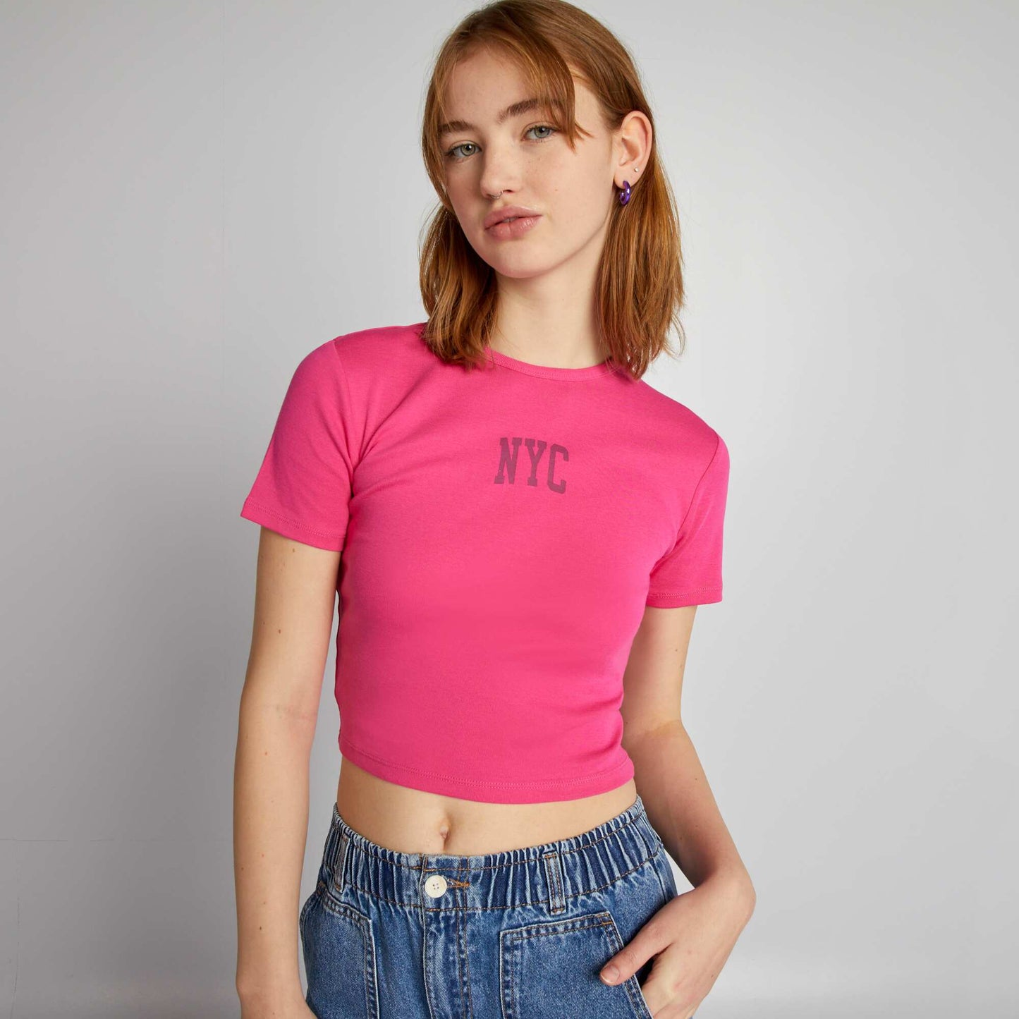 Crop-top en jersey avec imprimé 'NYC' Rose