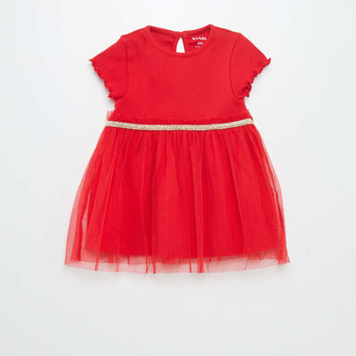 Robe en coton côtelé et tulle Rouge