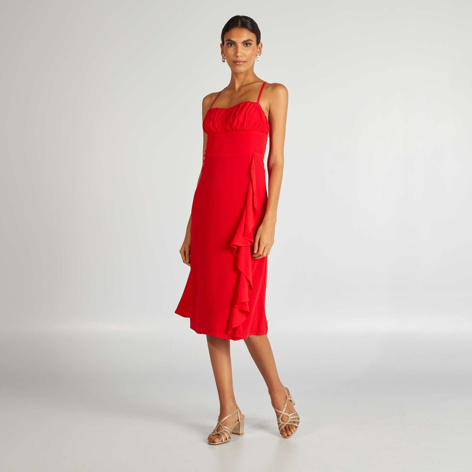 Robe midi à fines bretelles avec volants ROUGE
