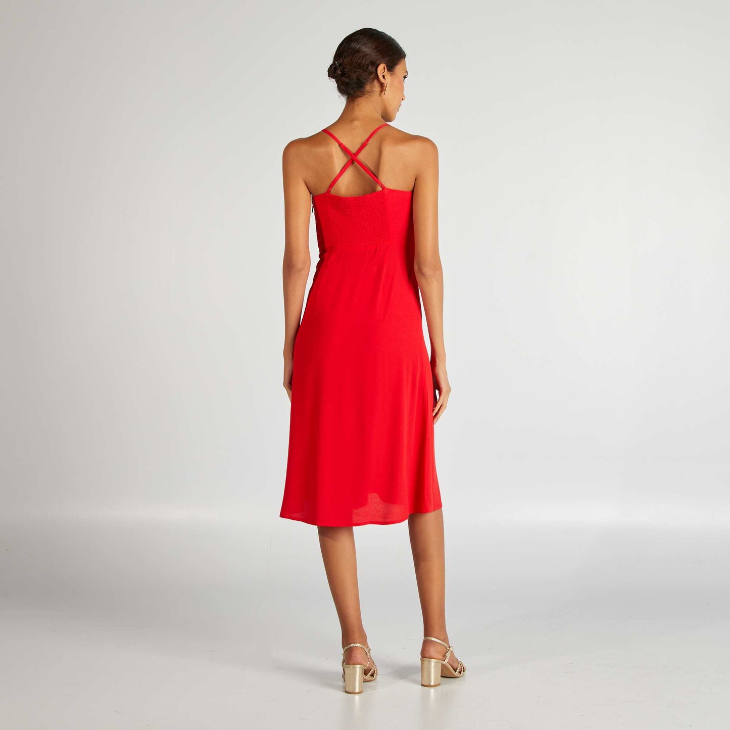 Robe midi à fines bretelles avec volants ROUGE