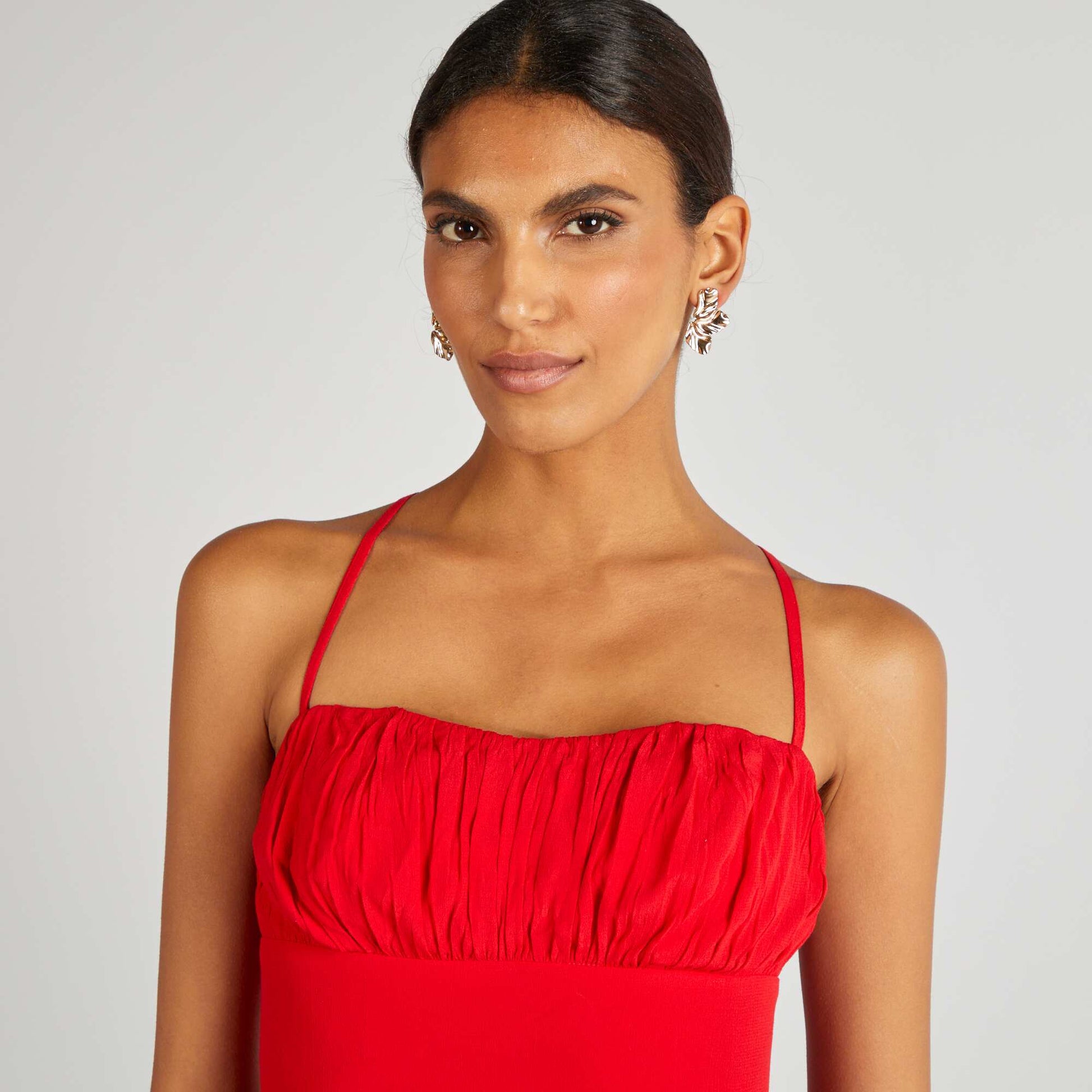 Robe midi à fines bretelles avec volants ROUGE