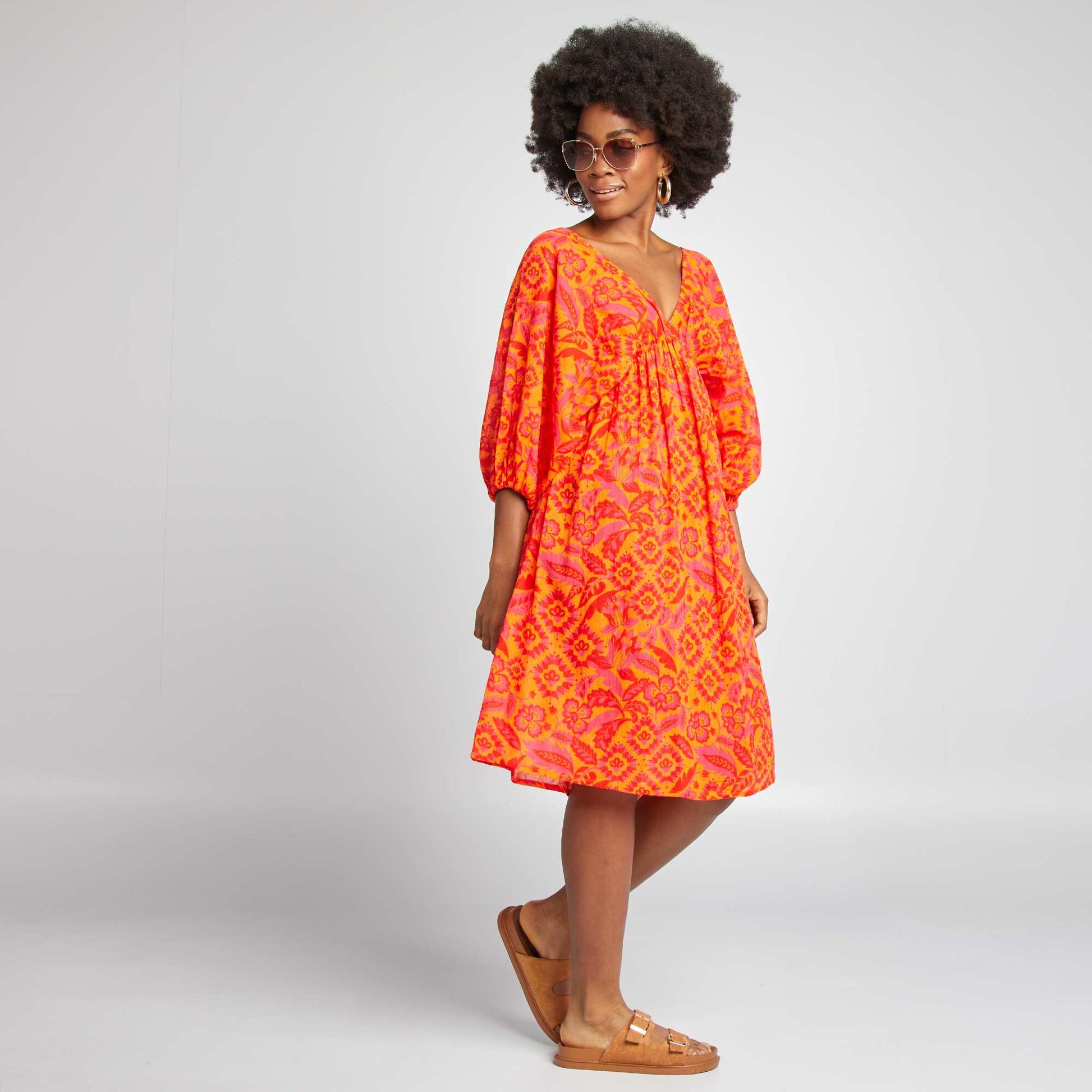 Robe midi avec motif et manches 3/4 ORANGE