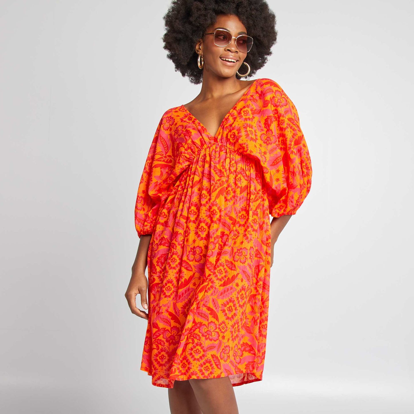 Robe midi avec motif et manches 3/4 ORANGE