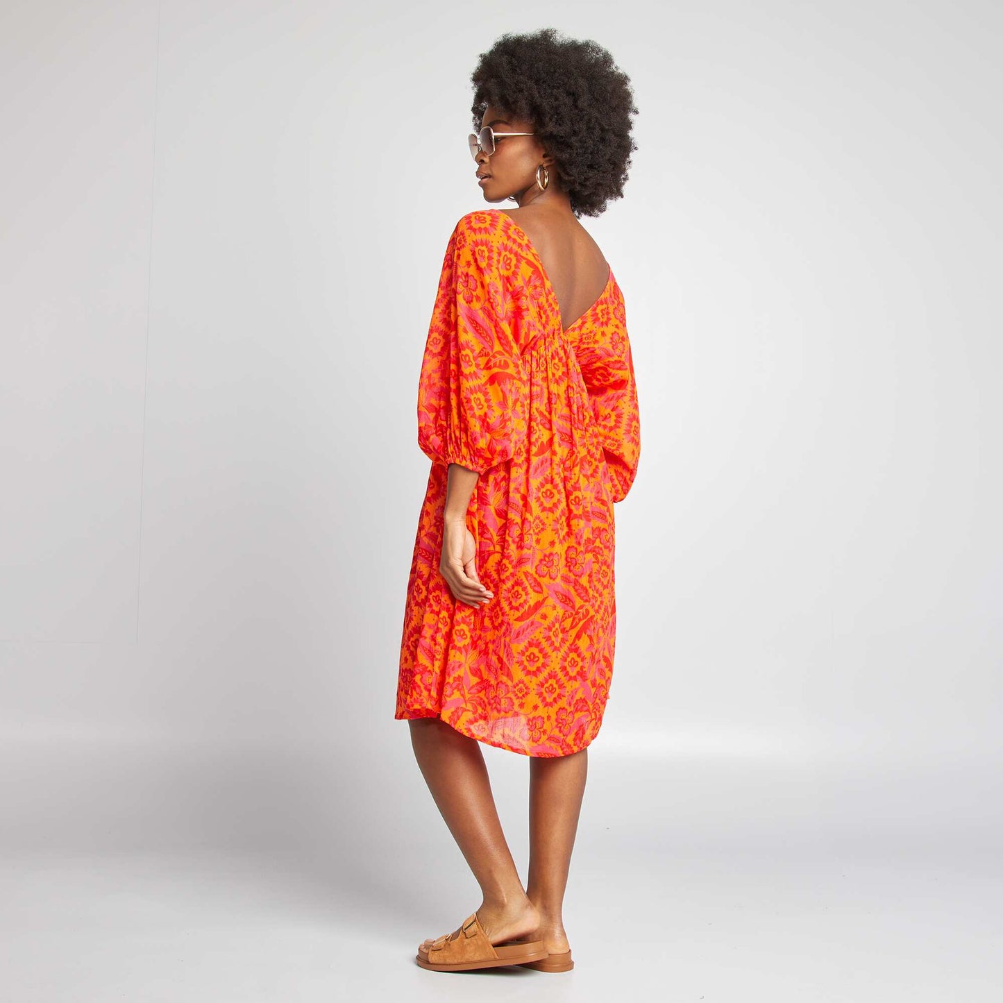 Robe midi avec motif et manches 3/4 ORANGE