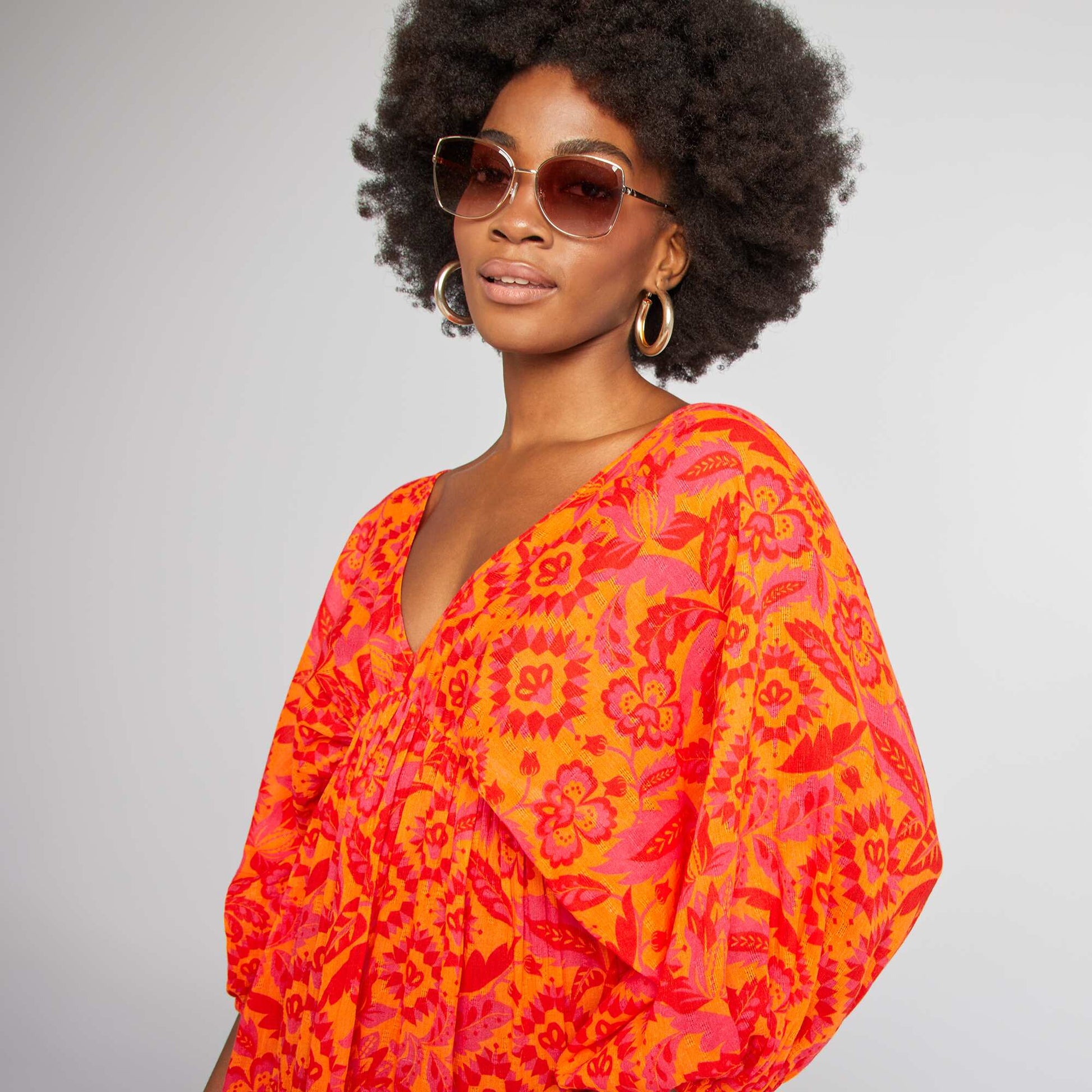 Robe midi avec motif et manches 3/4 ORANGE