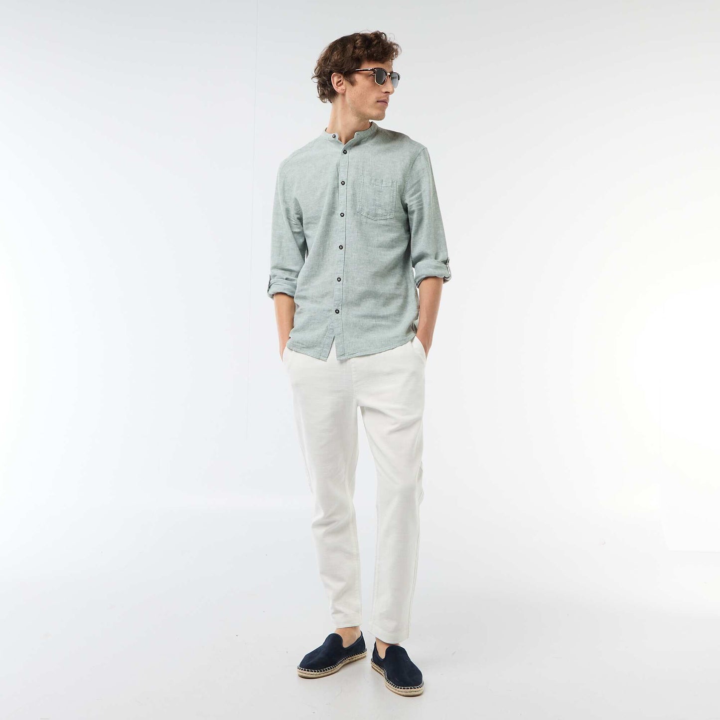 Chemise col mao avec lin VERT