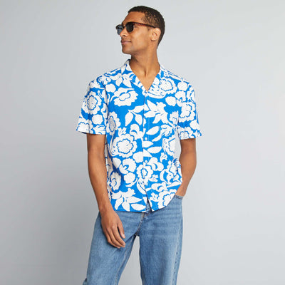 Chemise manches courtes à motif fleuri BLEU/BLANC