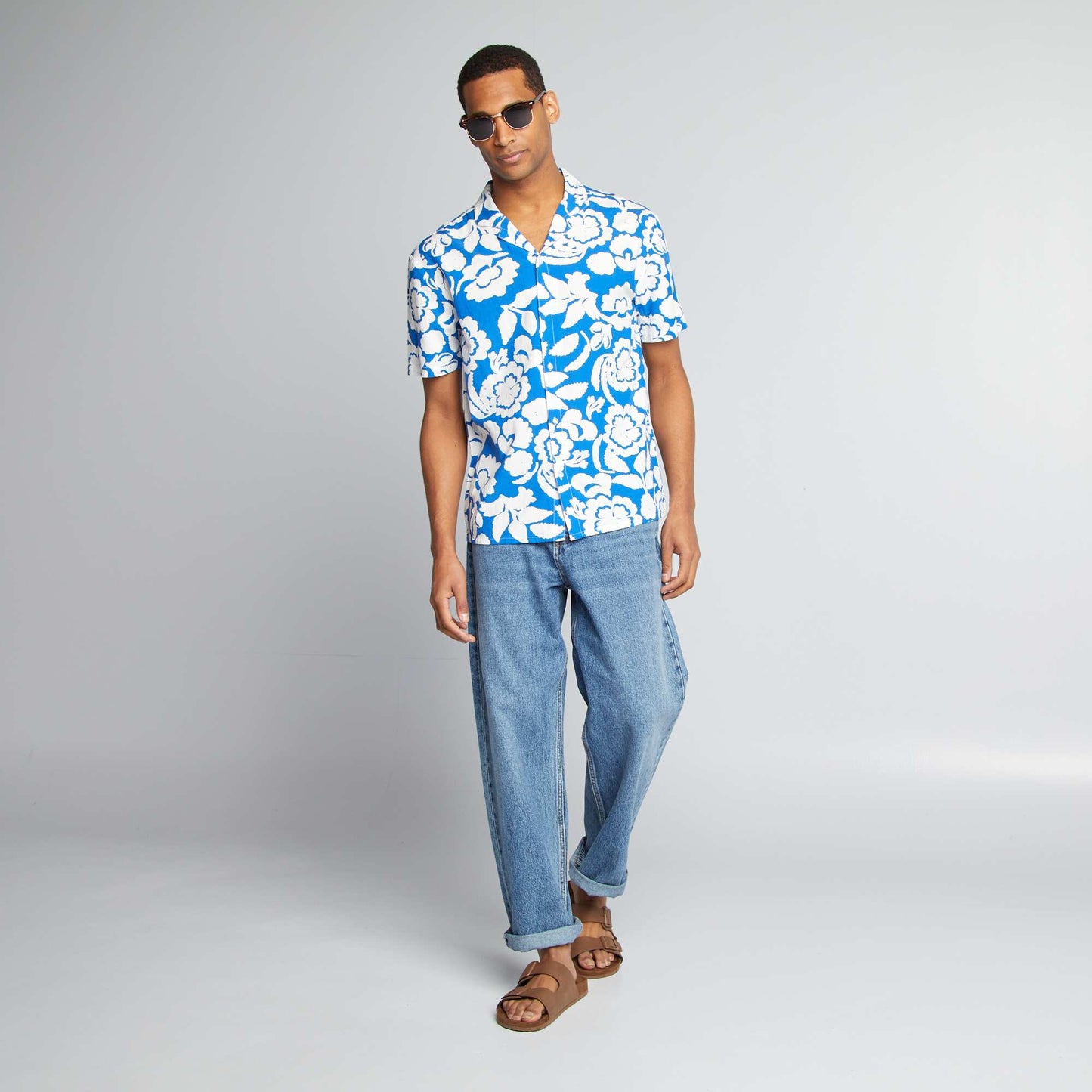 Chemise manches courtes à motif fleuri BLEU/BLANC