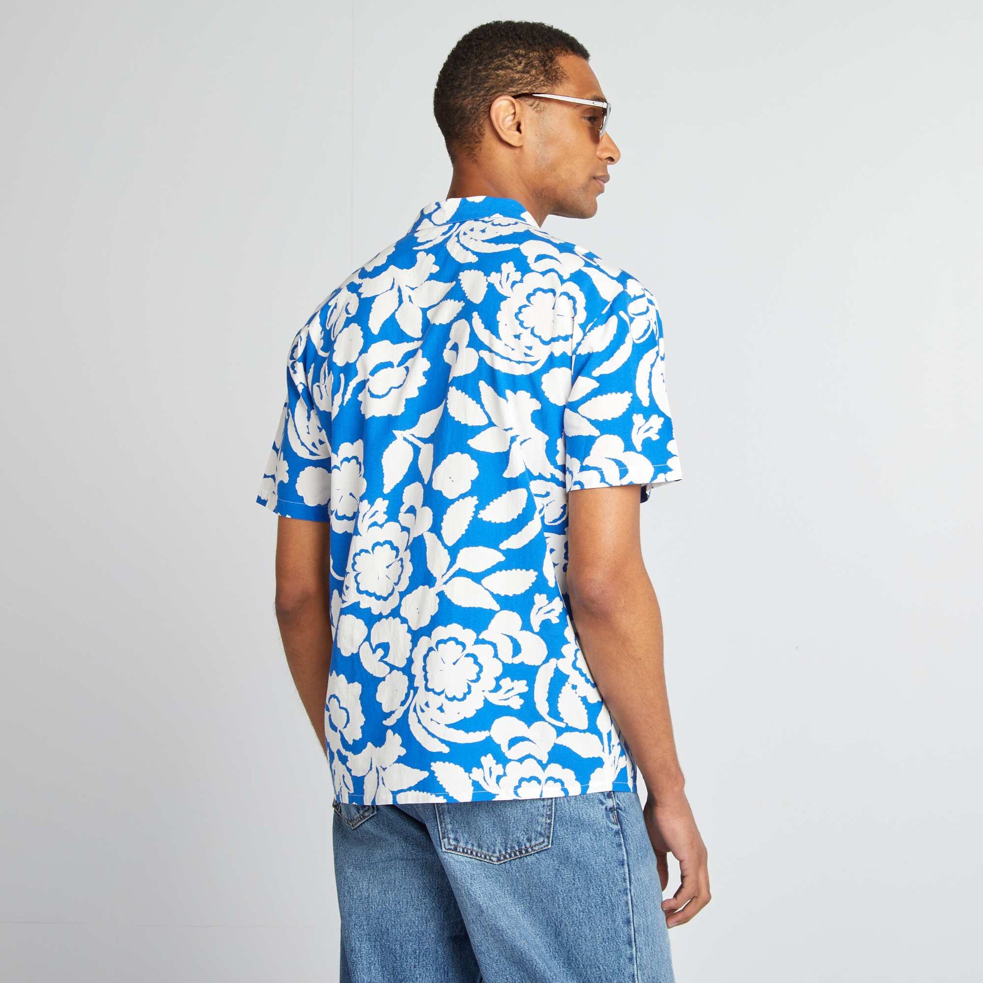 Chemise manches courtes à motif fleuri BLEU/BLANC