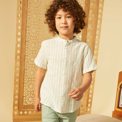 Chemise rayé manches courtes col mao BLANC