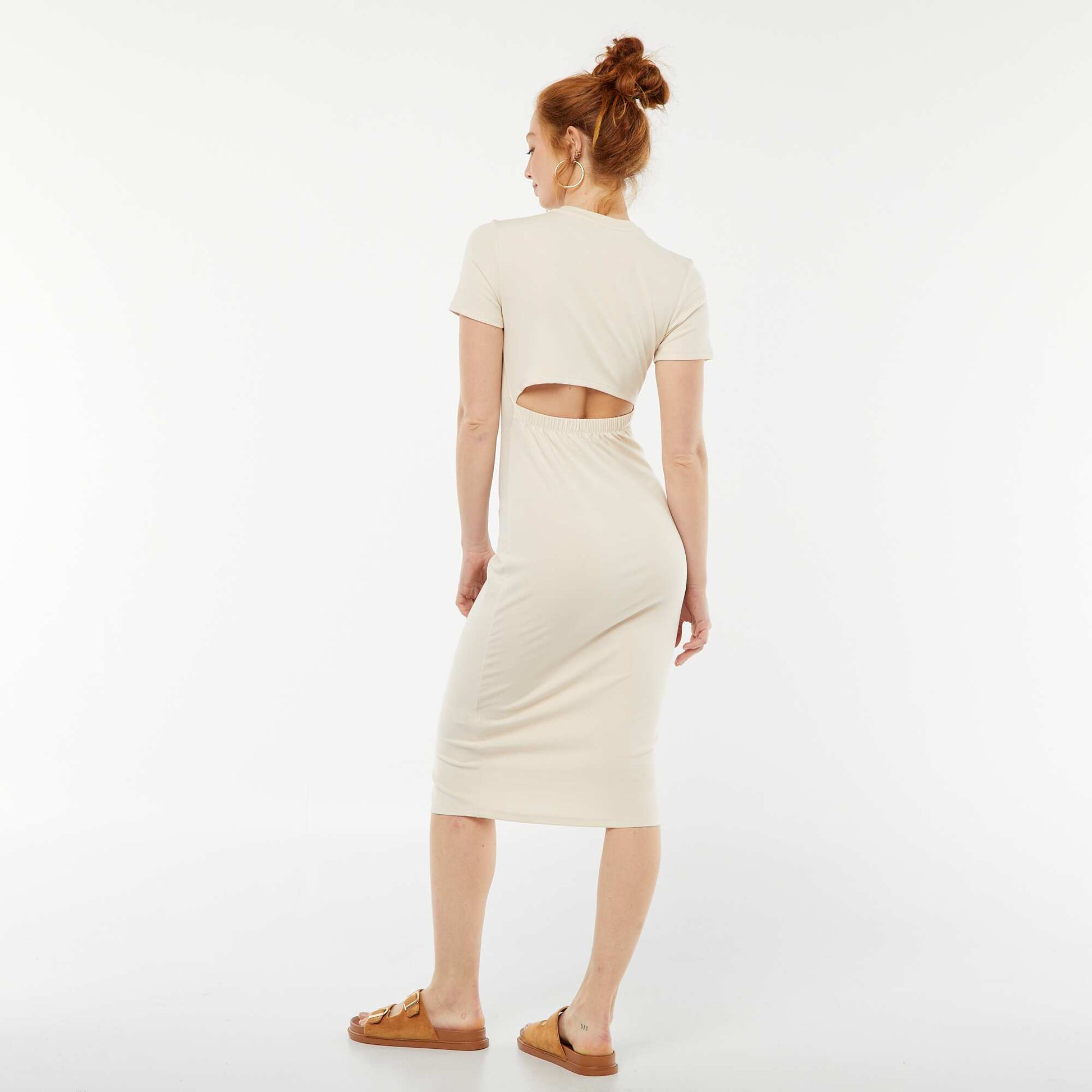 Robe midi unie ouverte au dos BEIGE