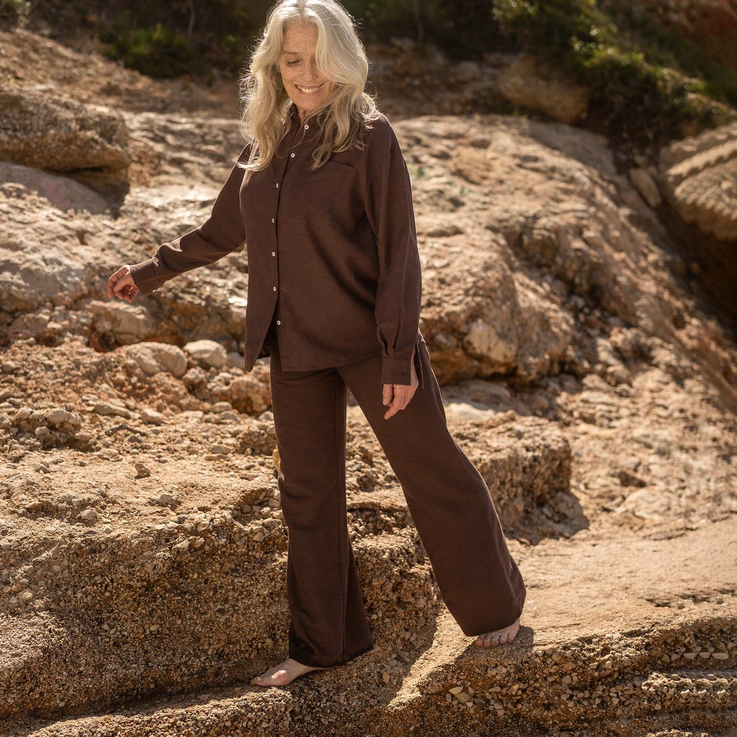 Pantalon wide leg en lin mélangé MARRON