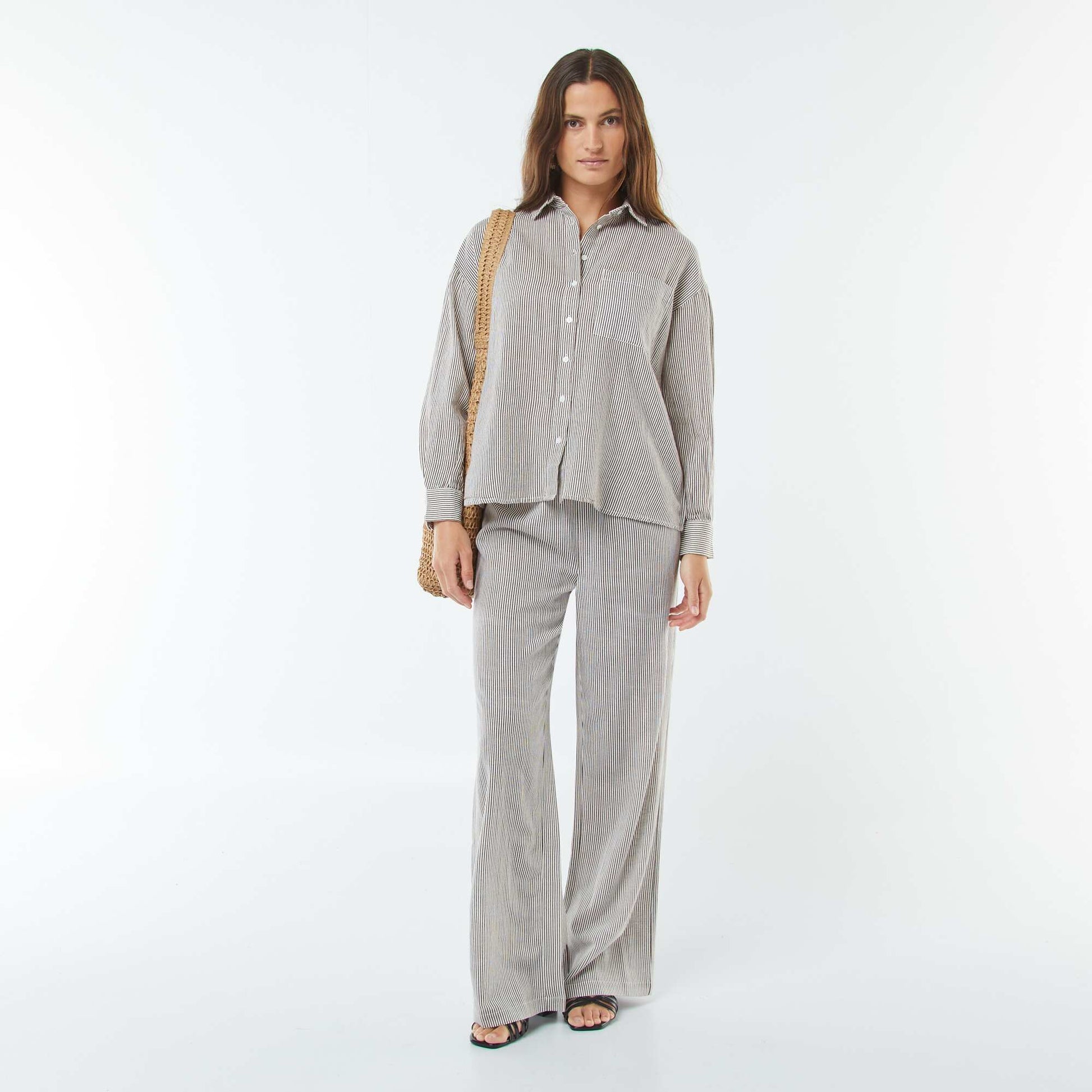 Pantalon wide leg en lin mélangé BEIGE