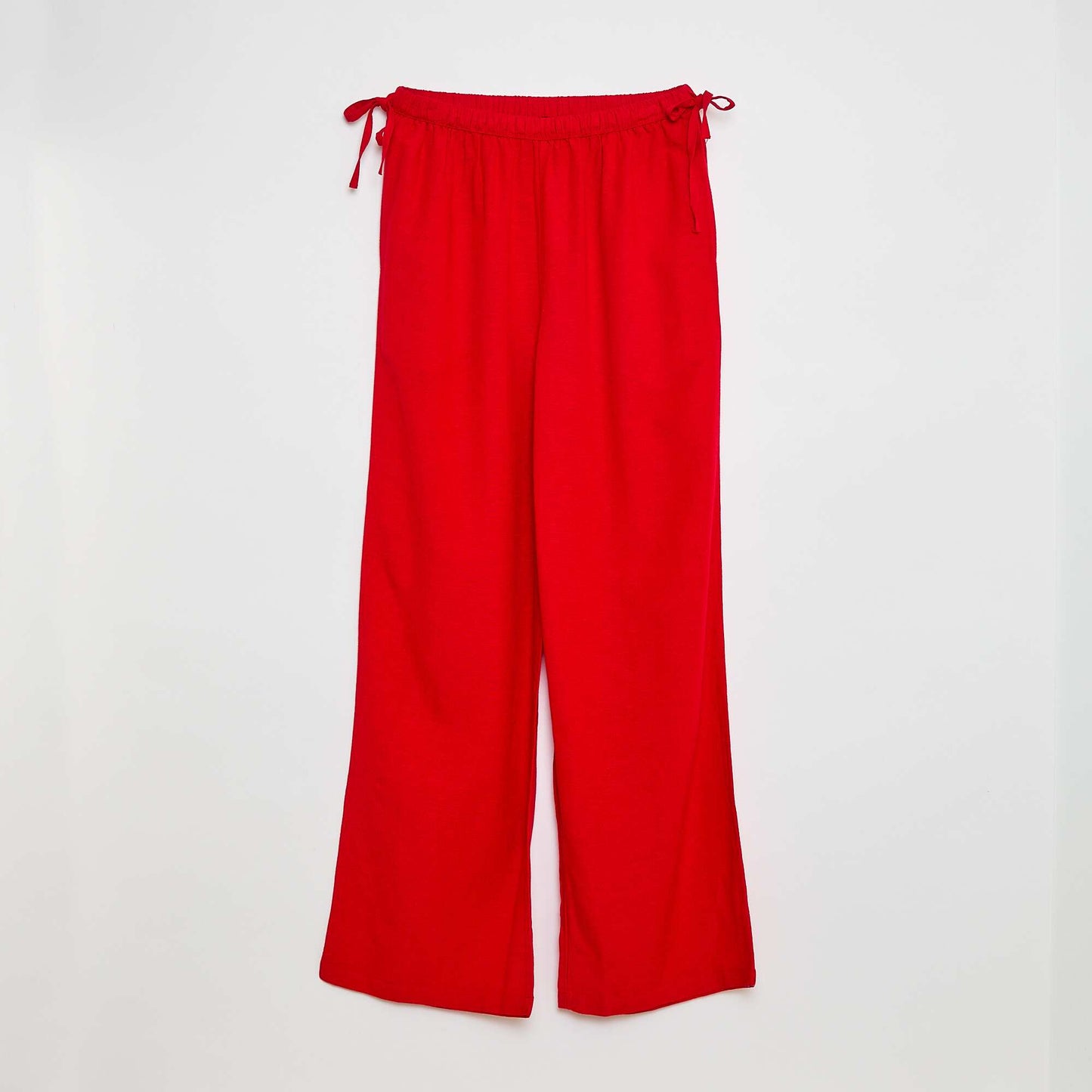 Pantalon large avec liens en lin uni ROUGE