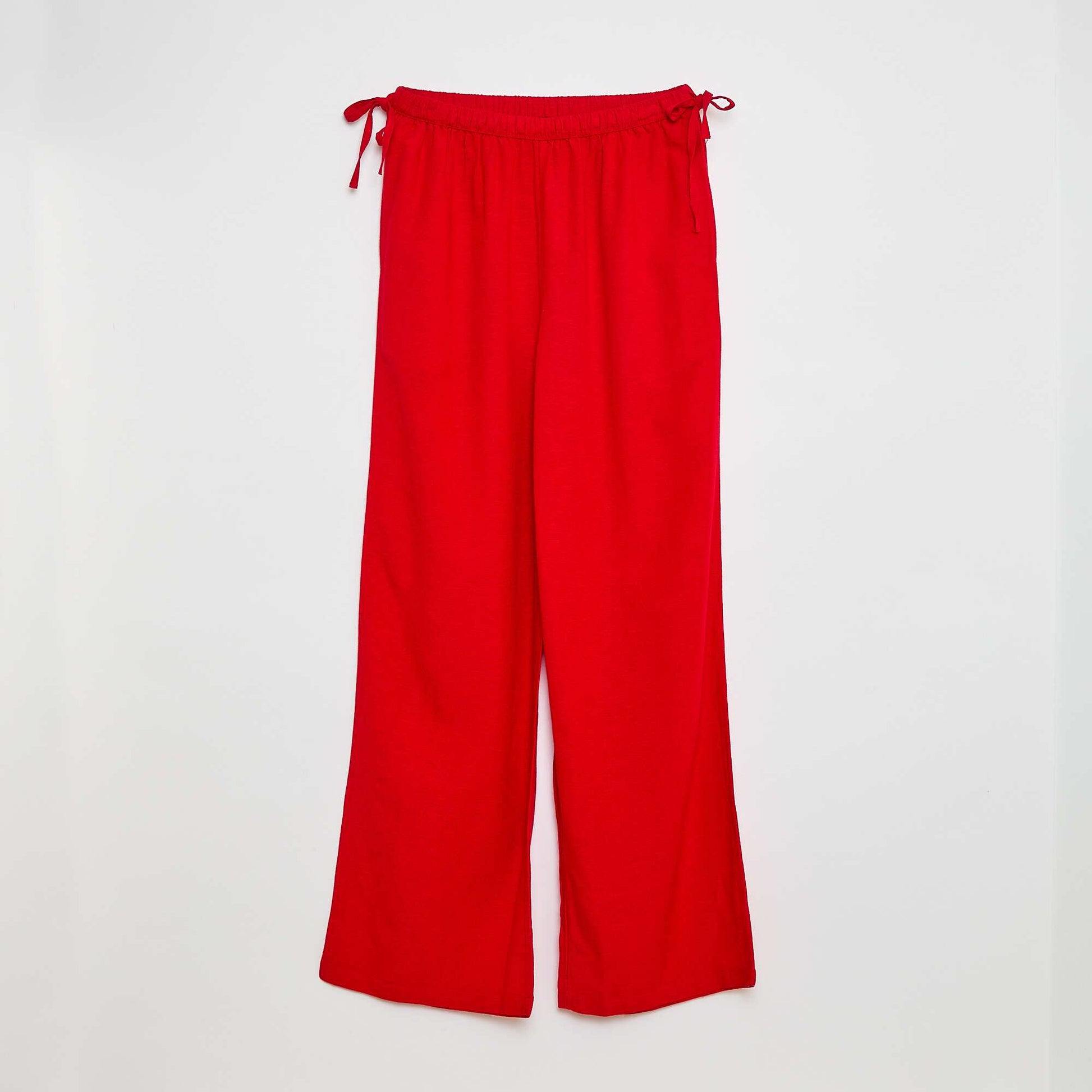 Pantalon large avec liens en lin uni ROUGE