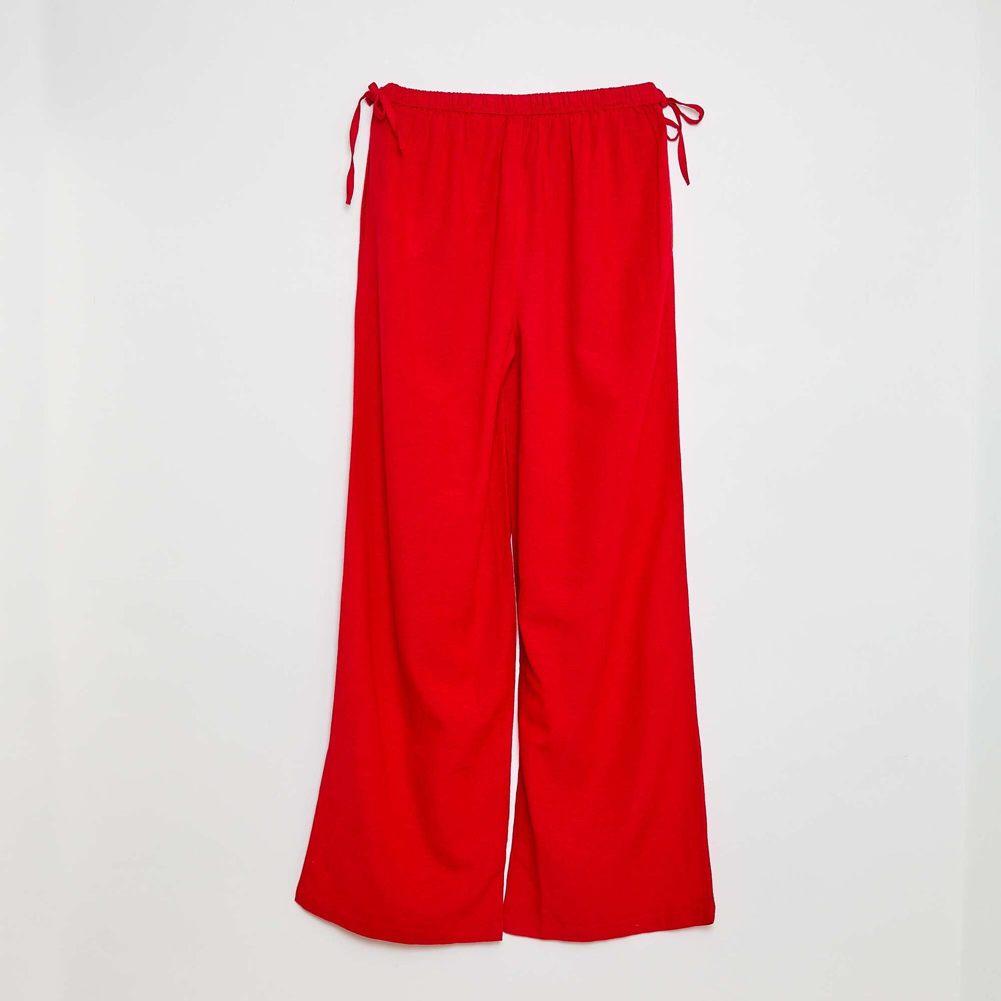 Pantalon large avec liens en lin uni ROUGE