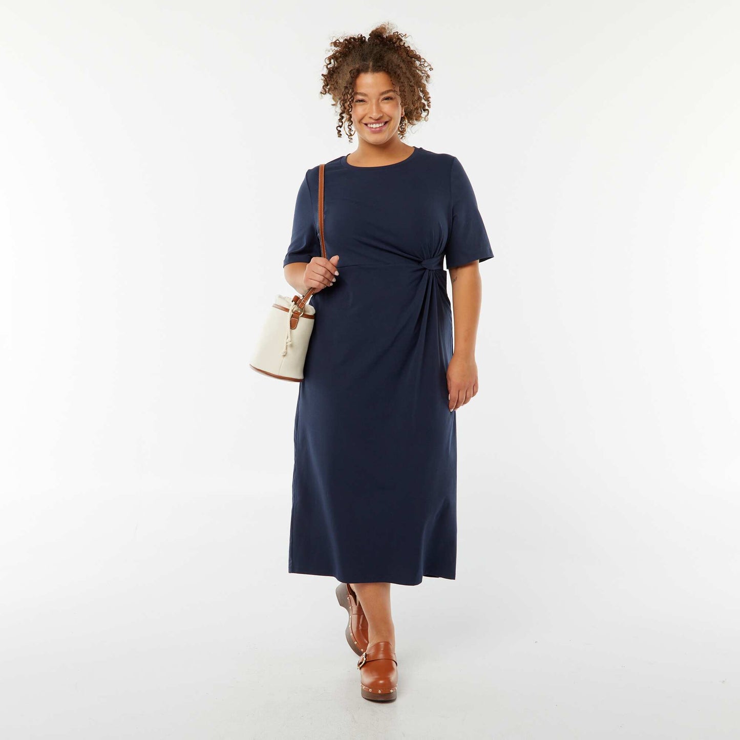 Robe unie drapée coupe midi BLEU