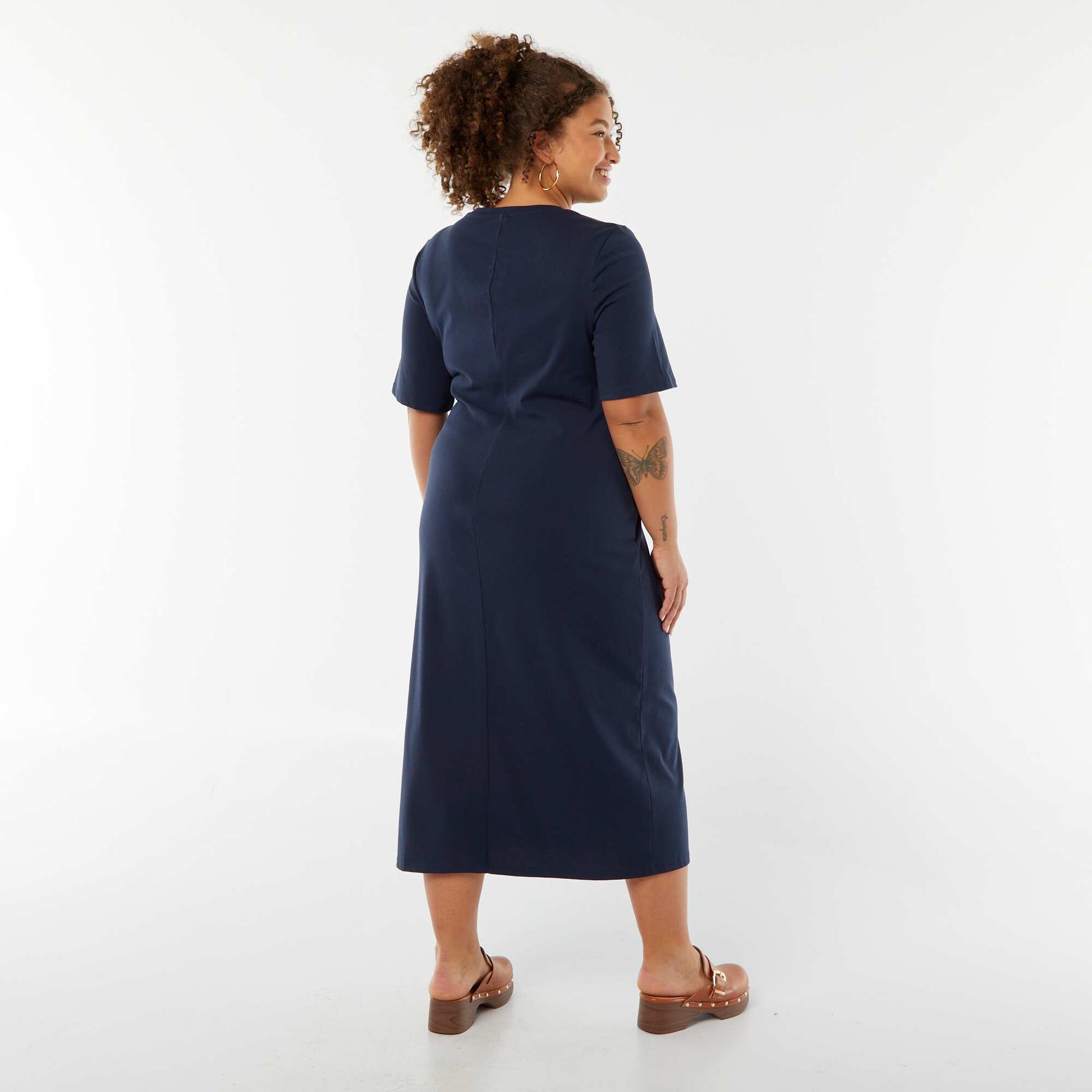 Robe unie drapée coupe midi BLEU