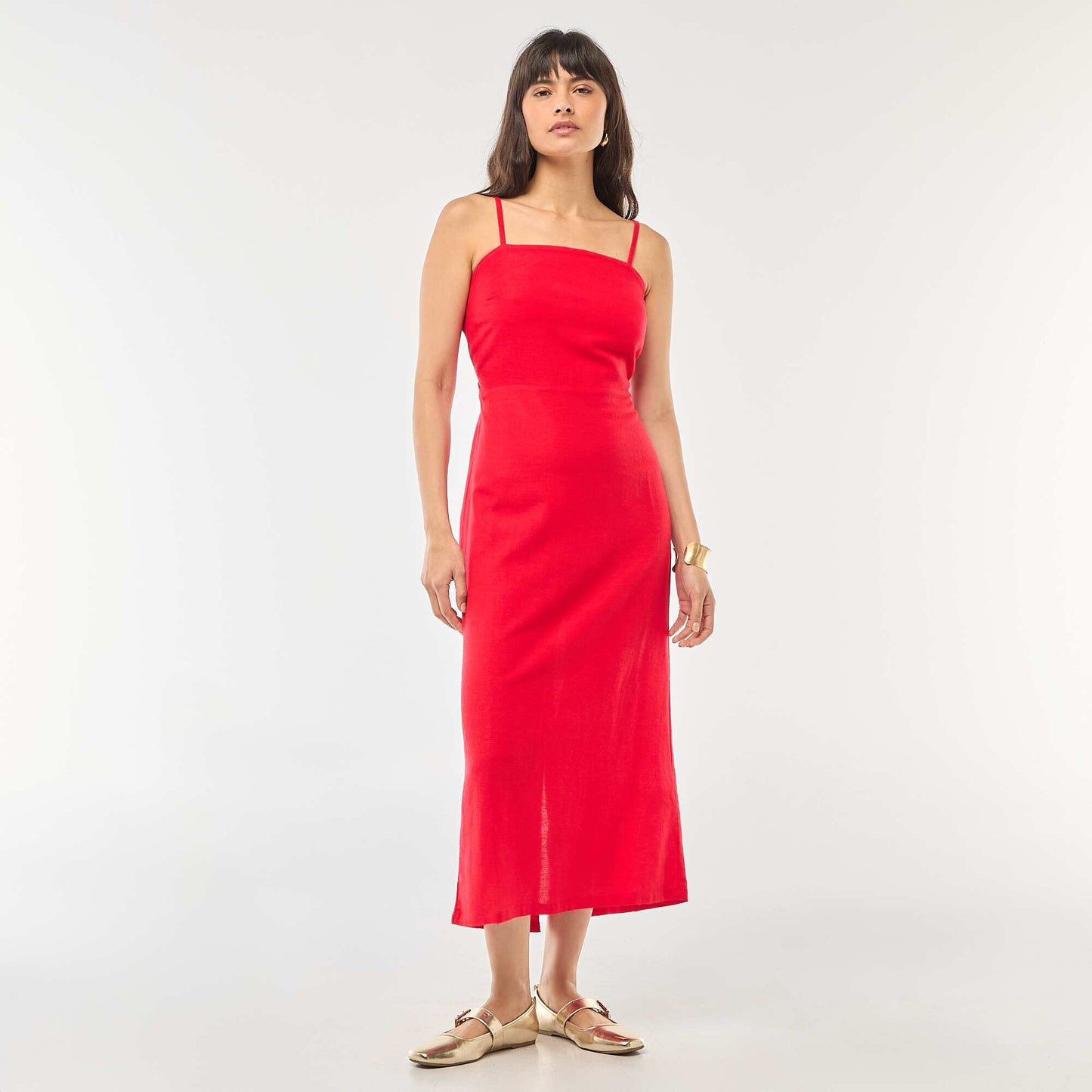 Robe midi à bretelles en coton et lin ROUGE