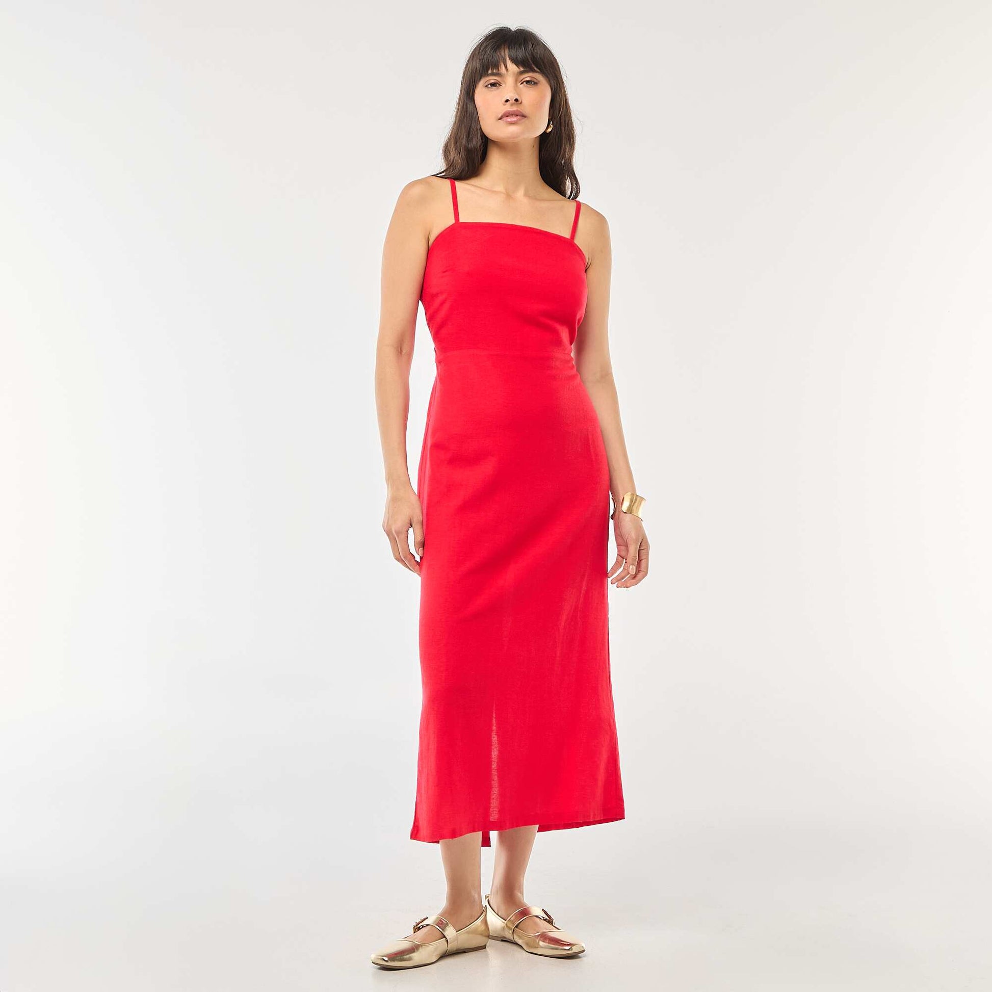 Robe midi à bretelles en coton et lin ROUGE