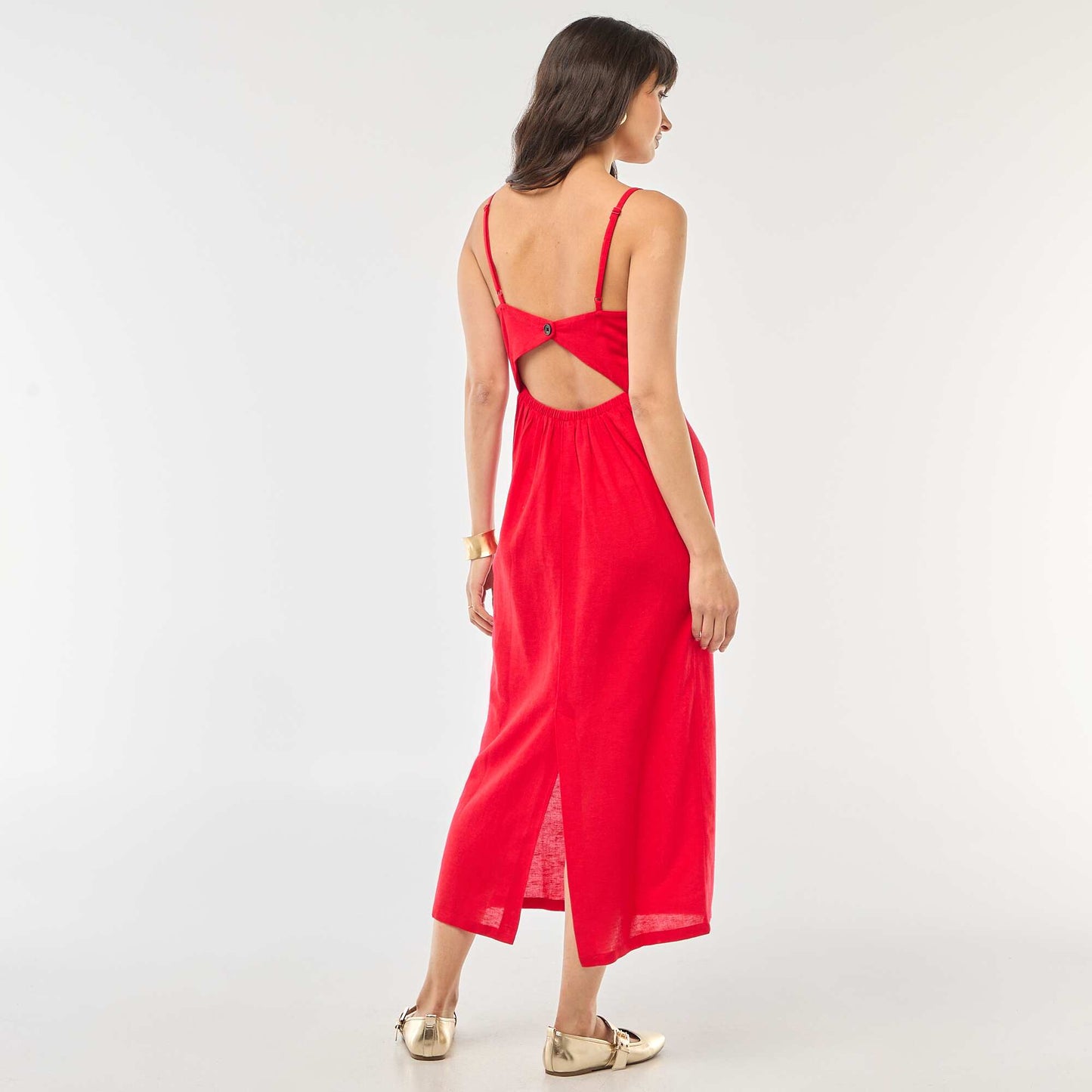 Robe midi à bretelles en coton et lin ROUGE