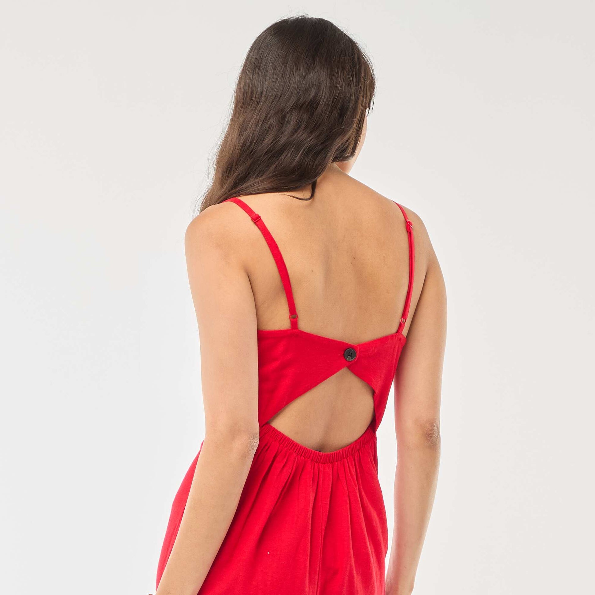 Robe midi à bretelles en coton et lin ROUGE