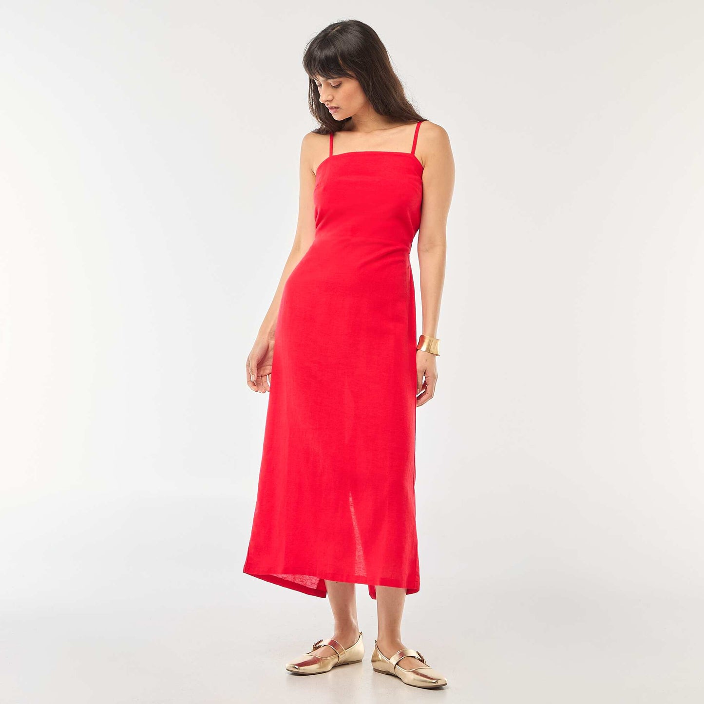 Robe midi à bretelles en coton et lin ROUGE