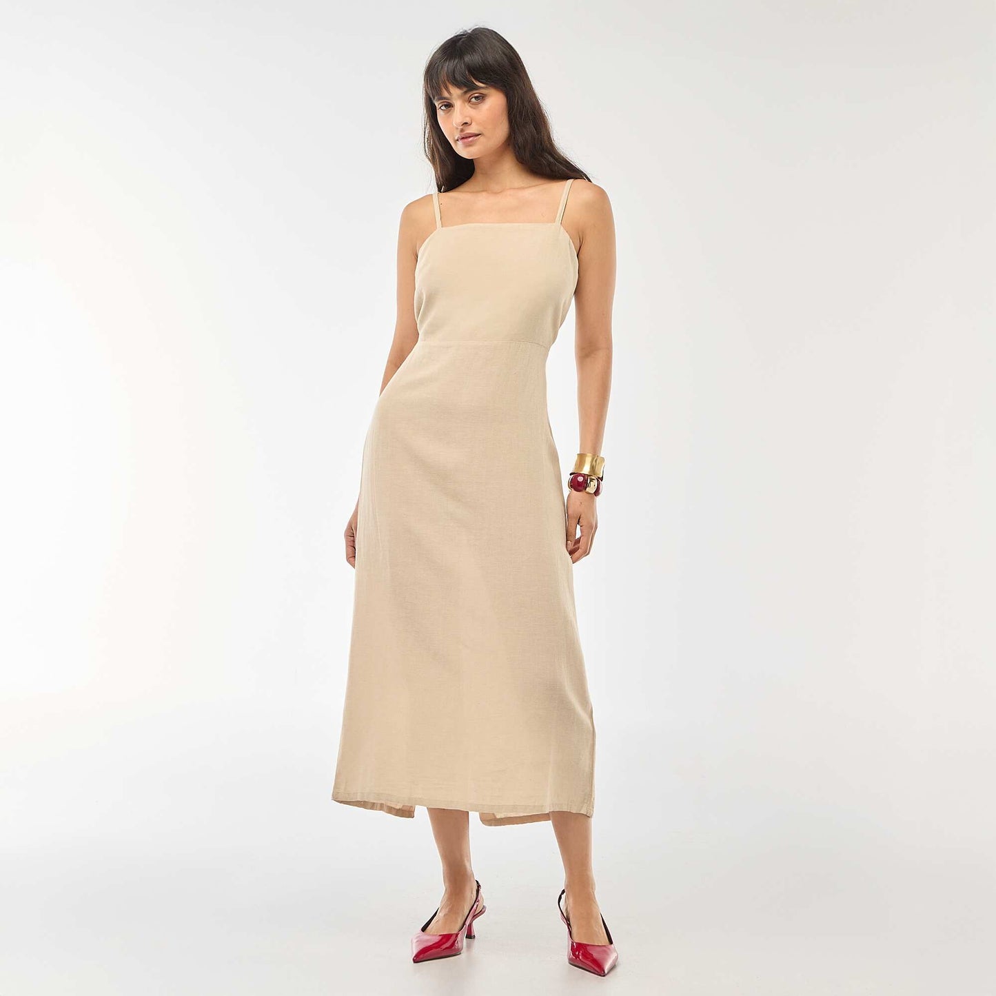 Robe midi à bretelles en coton et lin BEIGE