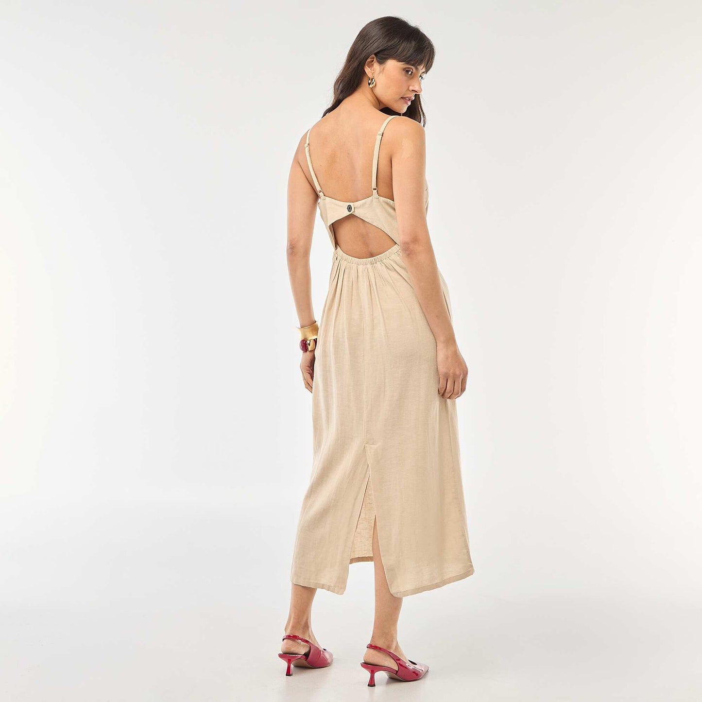 Robe midi à bretelles en coton et lin BEIGE