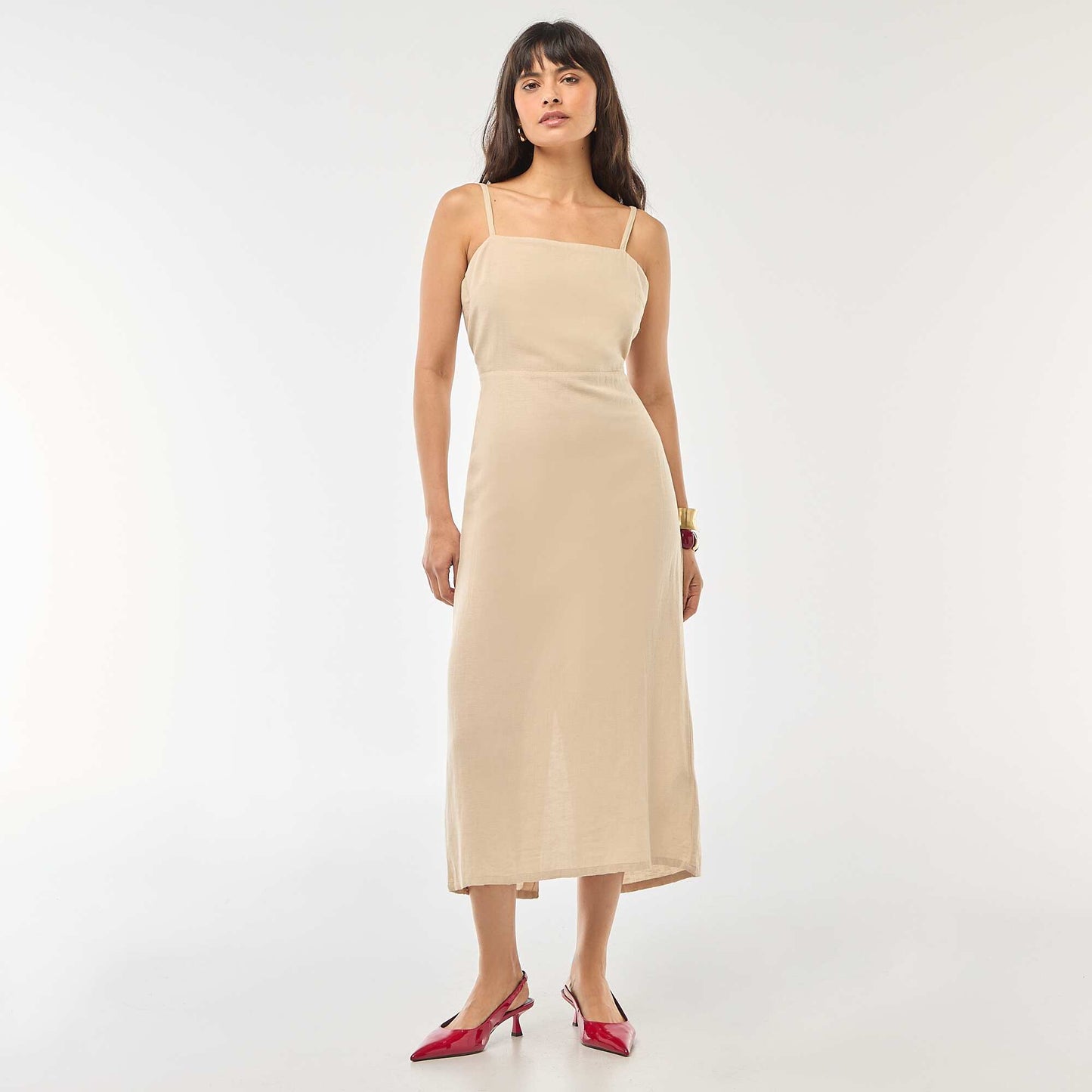 Robe midi à bretelles en coton et lin BEIGE