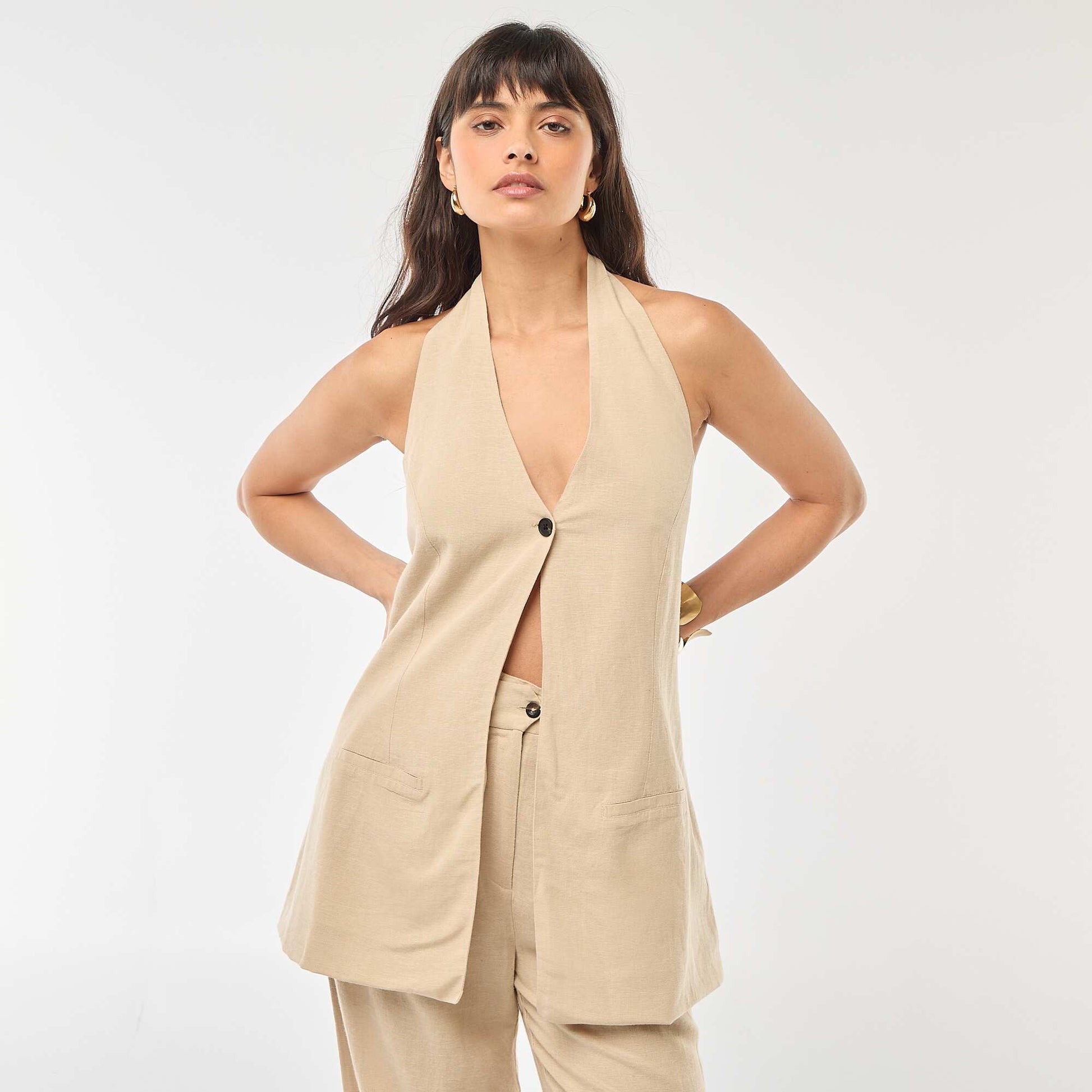 Veste tour du cou sans manches en coton uni BEIGE
