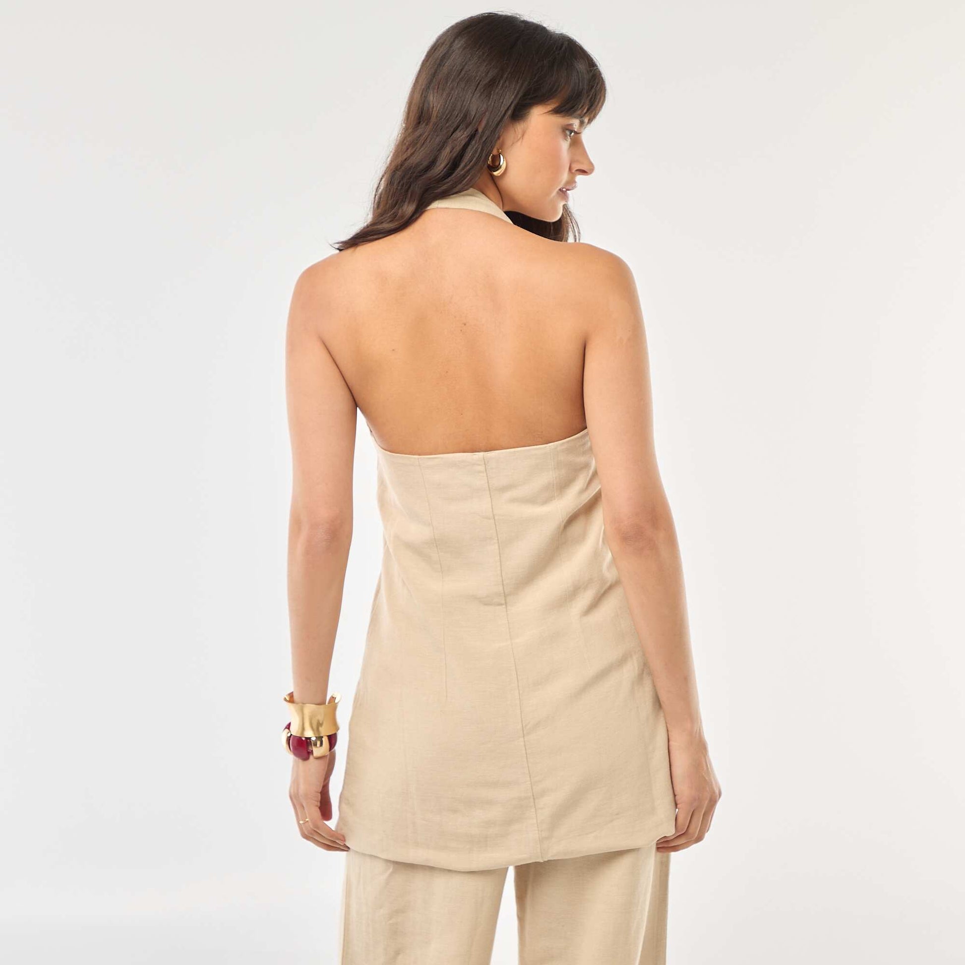 Veste tour du cou sans manches en coton uni BEIGE