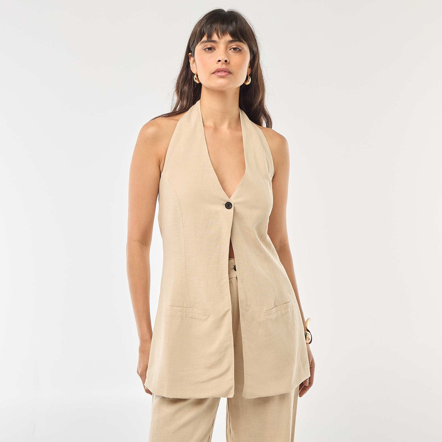 Veste tour du cou sans manches en coton uni BEIGE